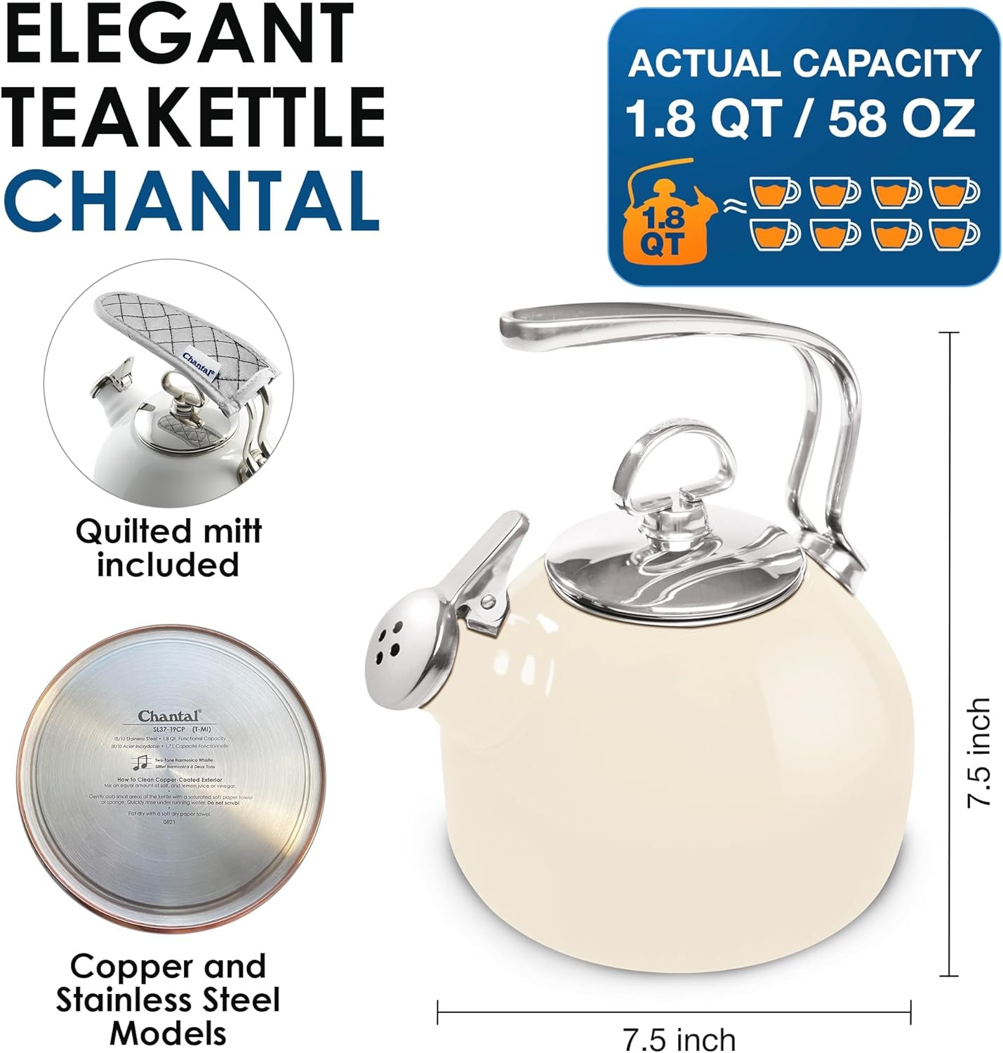 image:imageChantal Classic Teakettle 18 QT Enamel On Steel 2Tone Harmonica Whistle Rapid Boil and Even Heating AlmondAlmond