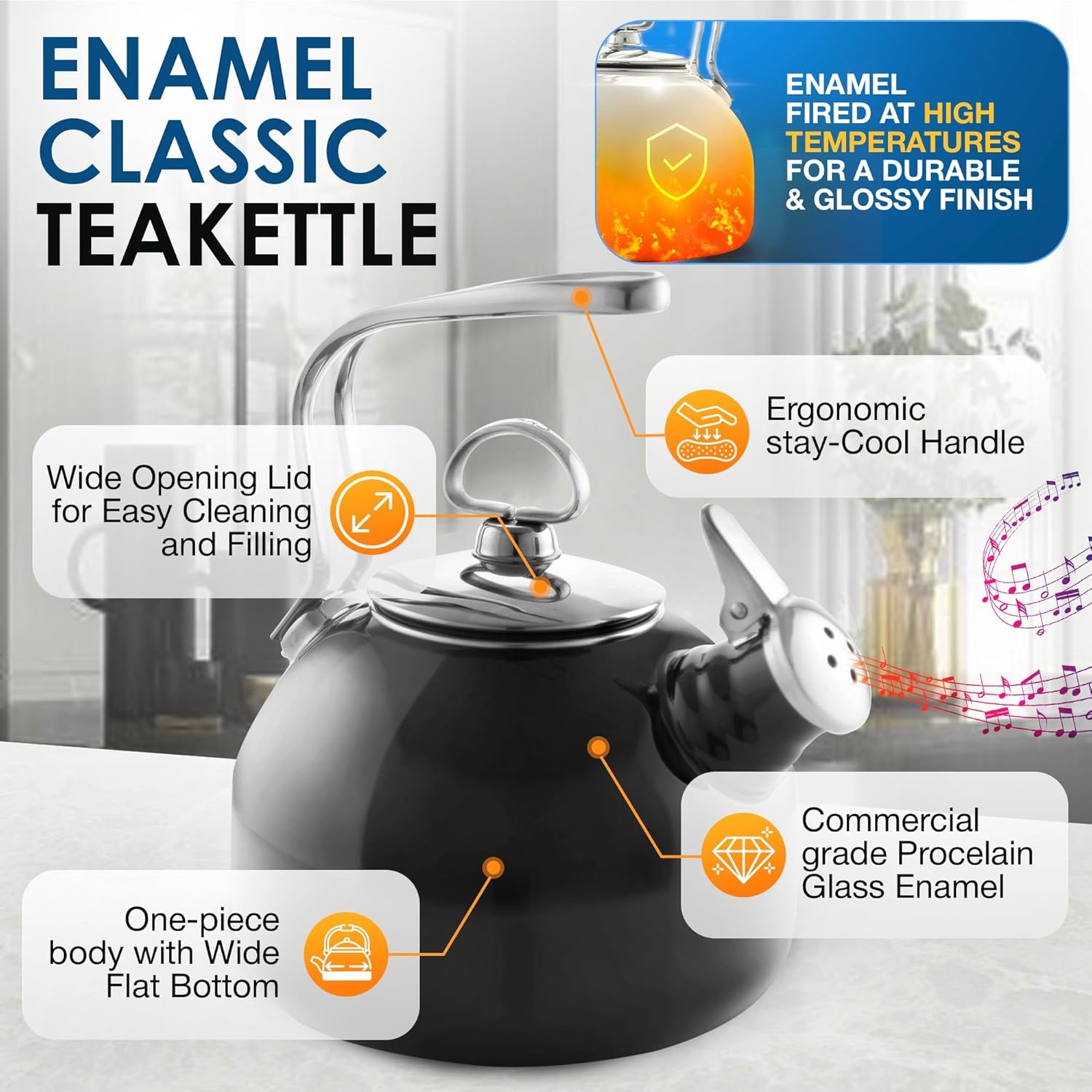 image:imageChantal Classic Teakettle 18 QT Enamel On Steel 2Tone Harmonica Whistle Rapid Boil and Even Heating AlmondBlack