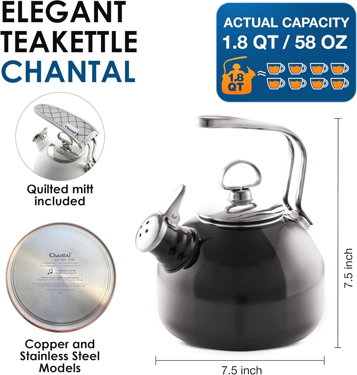 image:imageChantal Classic Teakettle 18 QT Enamel On Steel 2Tone Harmonica Whistle Rapid Boil and Even Heating AlmondBlack