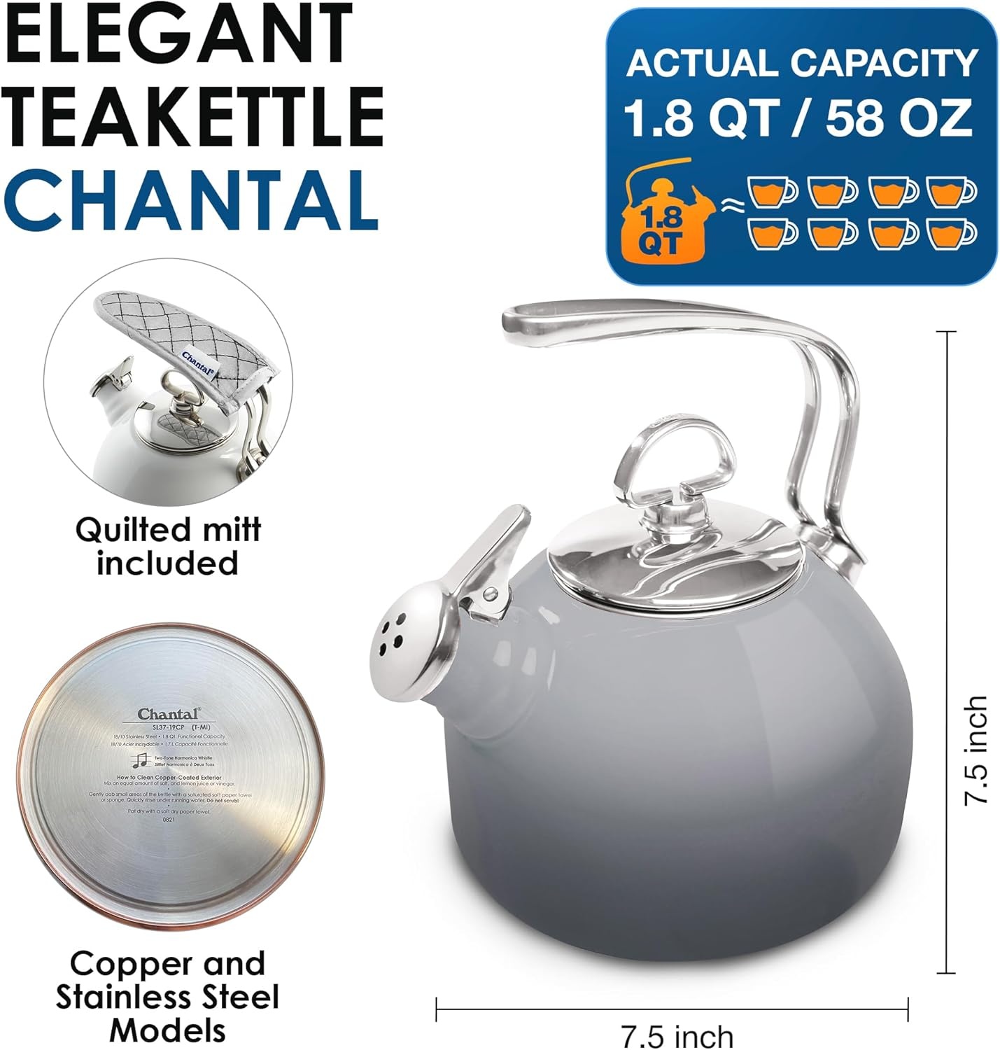 image:imageChantal Classic Teakettle 18 QT Enamel On Steel 2Tone Harmonica Whistle Rapid Boil and Even Heating AlmondFade Grey