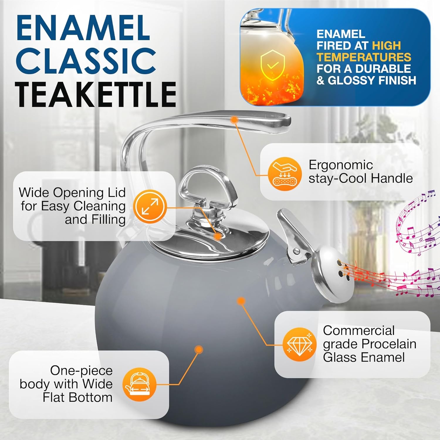 image:imageChantal Classic Teakettle 18 QT Enamel On Steel 2Tone Harmonica Whistle Rapid Boil and Even Heating AlmondFade Grey
