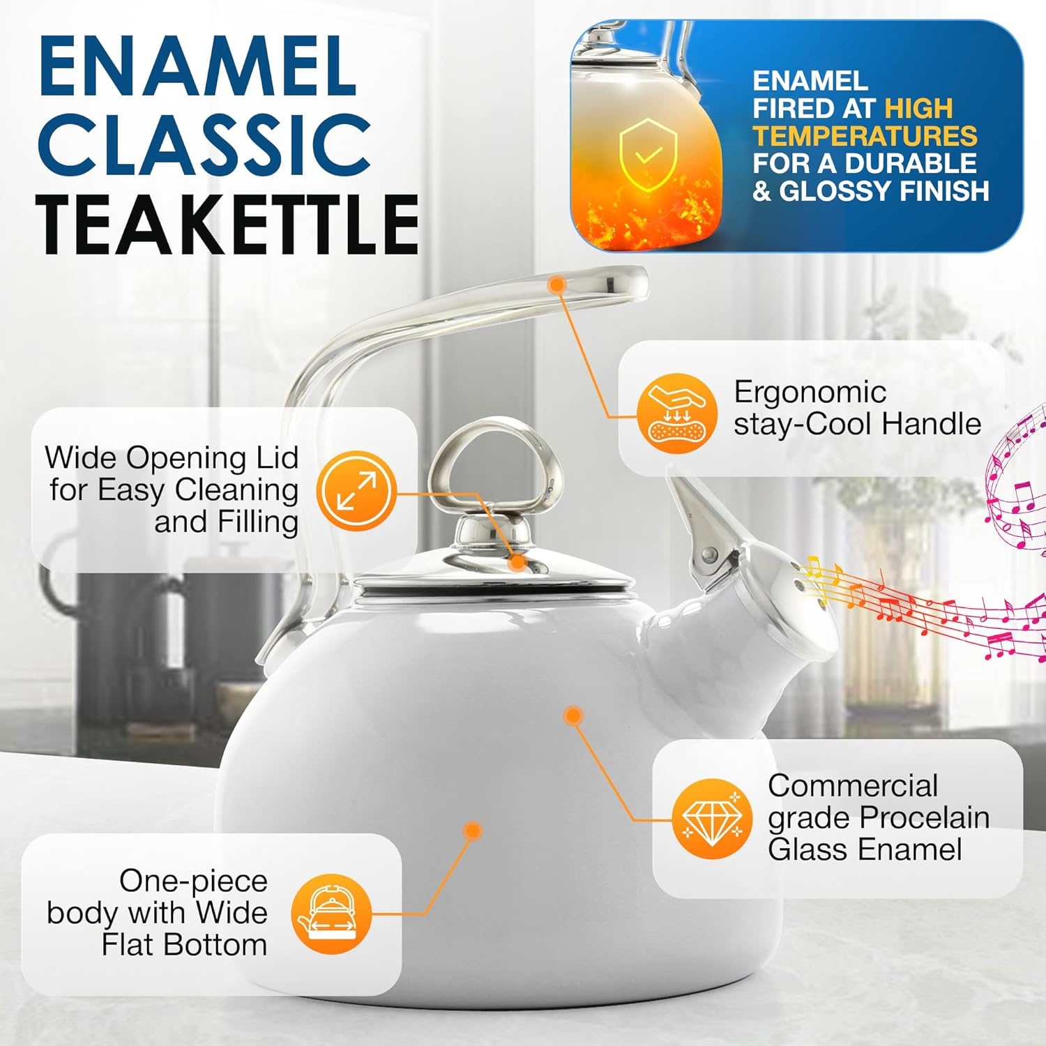 image:imageChantal Classic Teakettle 18 QT Enamel On Steel 2Tone Harmonica Whistle Rapid Boil and Even Heating AlmondWhite