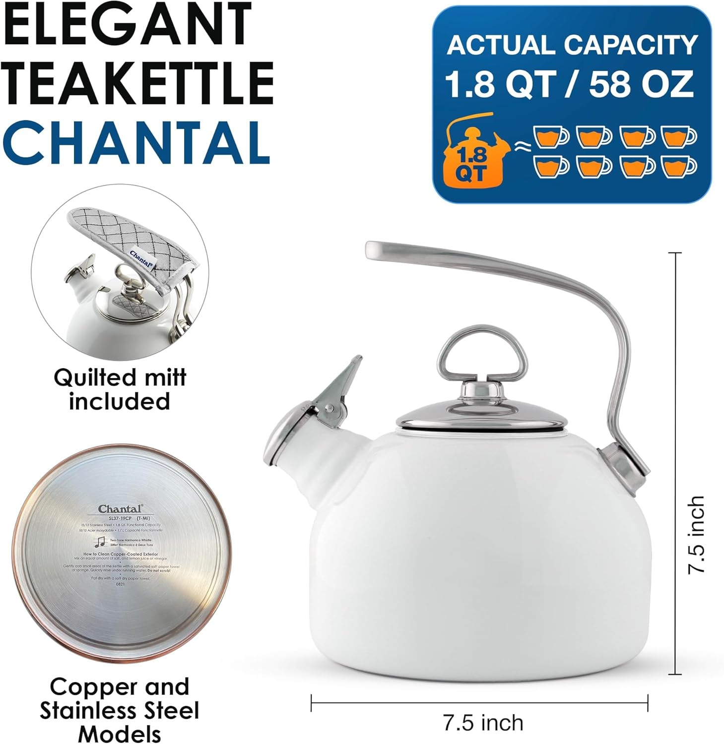 image:imageChantal Classic Teakettle 18 QT Enamel On Steel 2Tone Harmonica Whistle Rapid Boil and Even Heating AlmondWhite