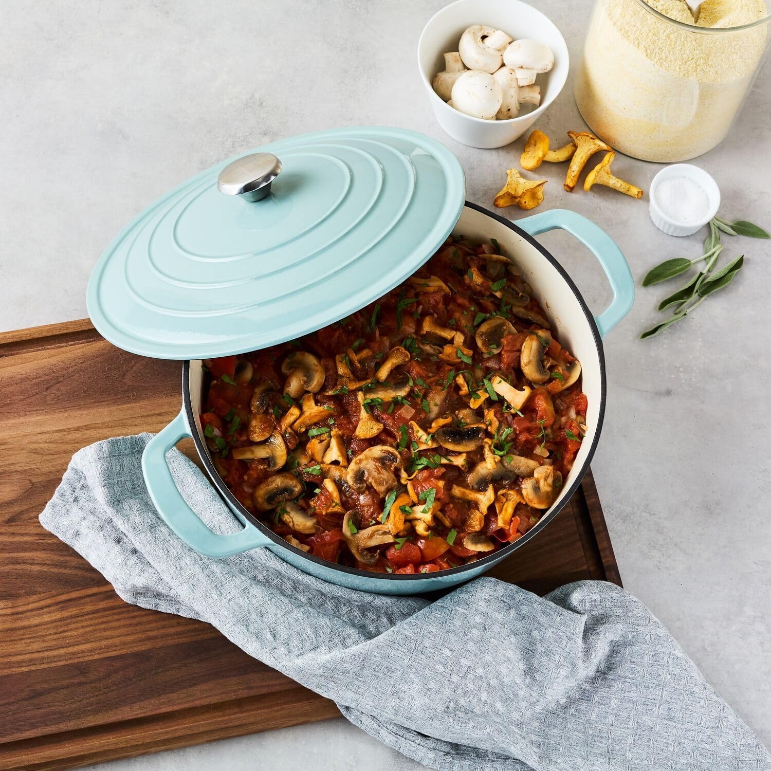image:imageSur La Table 7Qt Enameled Cast Iron Dutch Oven With Lid for Braising Baking amp Deep Frying Induction Compatible Oven to 500F Seals in Moisture for Flavorful Results AlmondLight Teal