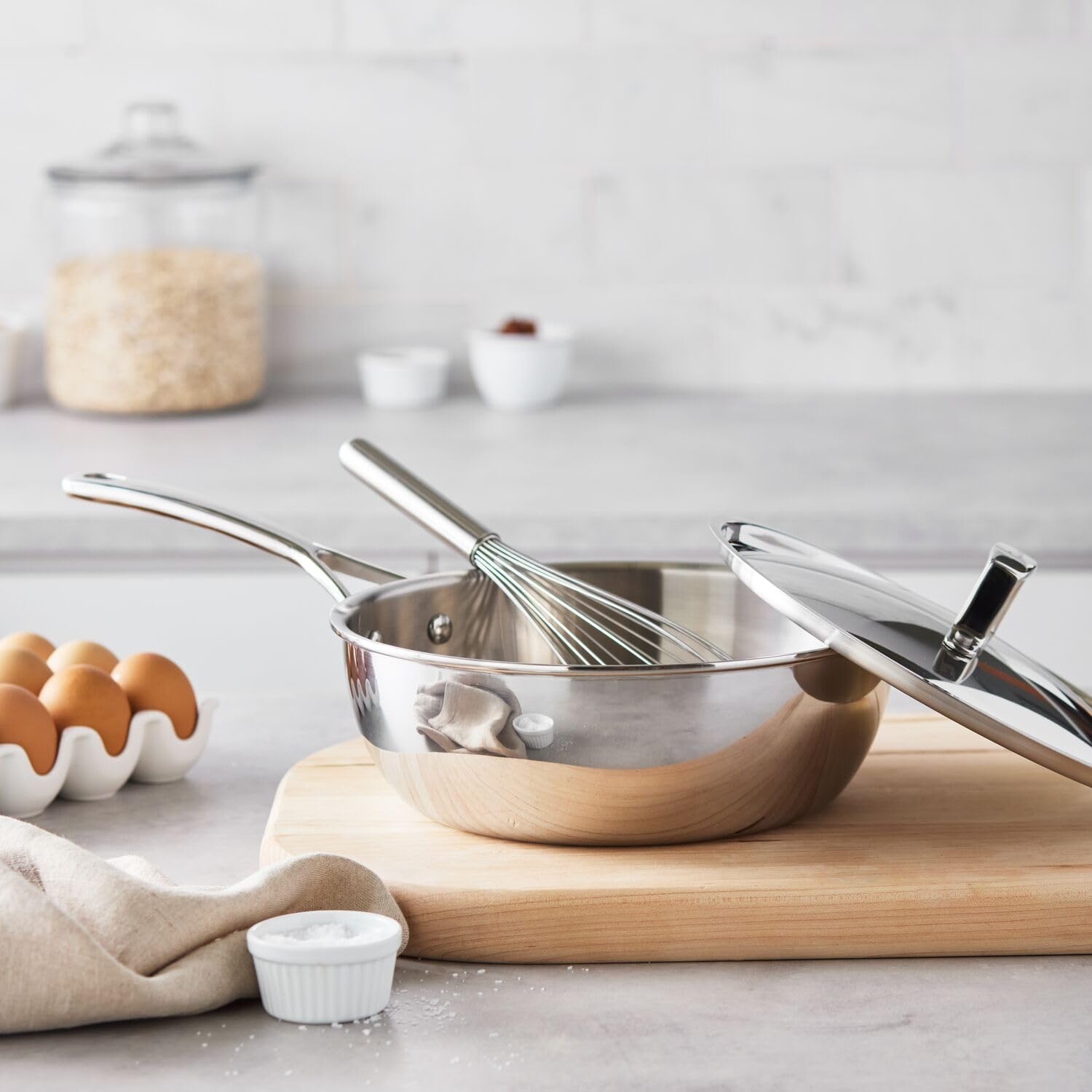 image:imageSur La Table Classic 5Ply Stainless Steel Chef Pan with Lid 35 Qt 5Ply Wide Pan with Straight Sides for Searing Sauting and Pan Sauce Building 35 Qt