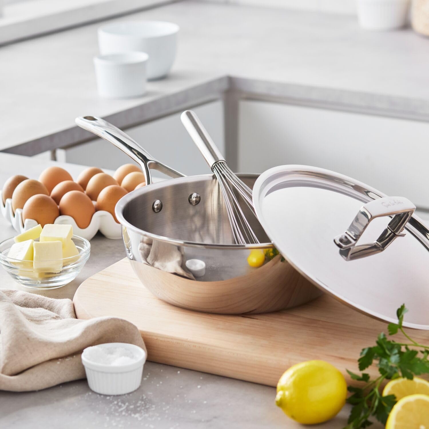 image:imageSur La Table Classic 5Ply Stainless Steel Chef Pan with Lid 35 Qt 5Ply Wide Pan with Straight Sides for Searing Sauting and Pan Sauce Building 35 Qt