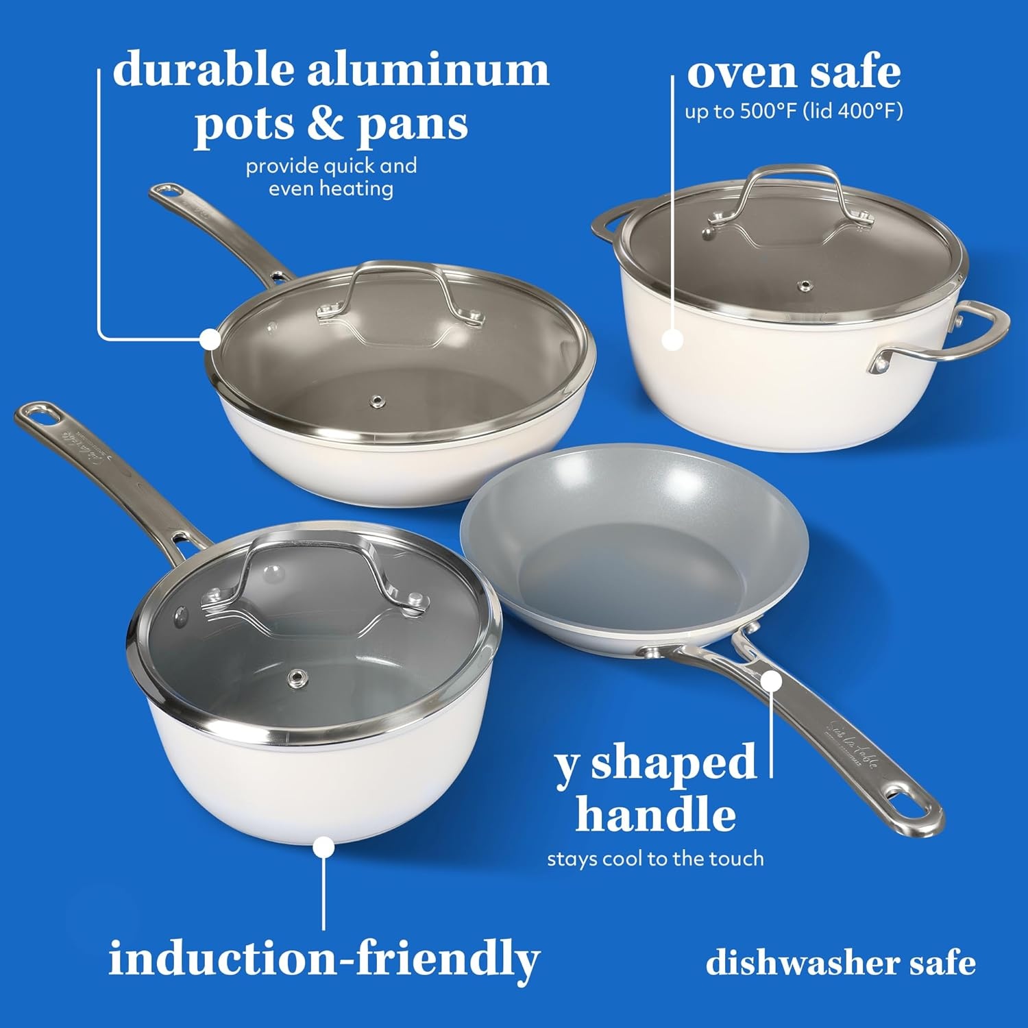 image:imageSur La Table Kitchen Essentials 10 Piece PFA Free NonToxic Titanium Ceramic Nonstick Interior Forged Aluminum Cookware Pots and Pans Set Green Induction CompatibleLinen White