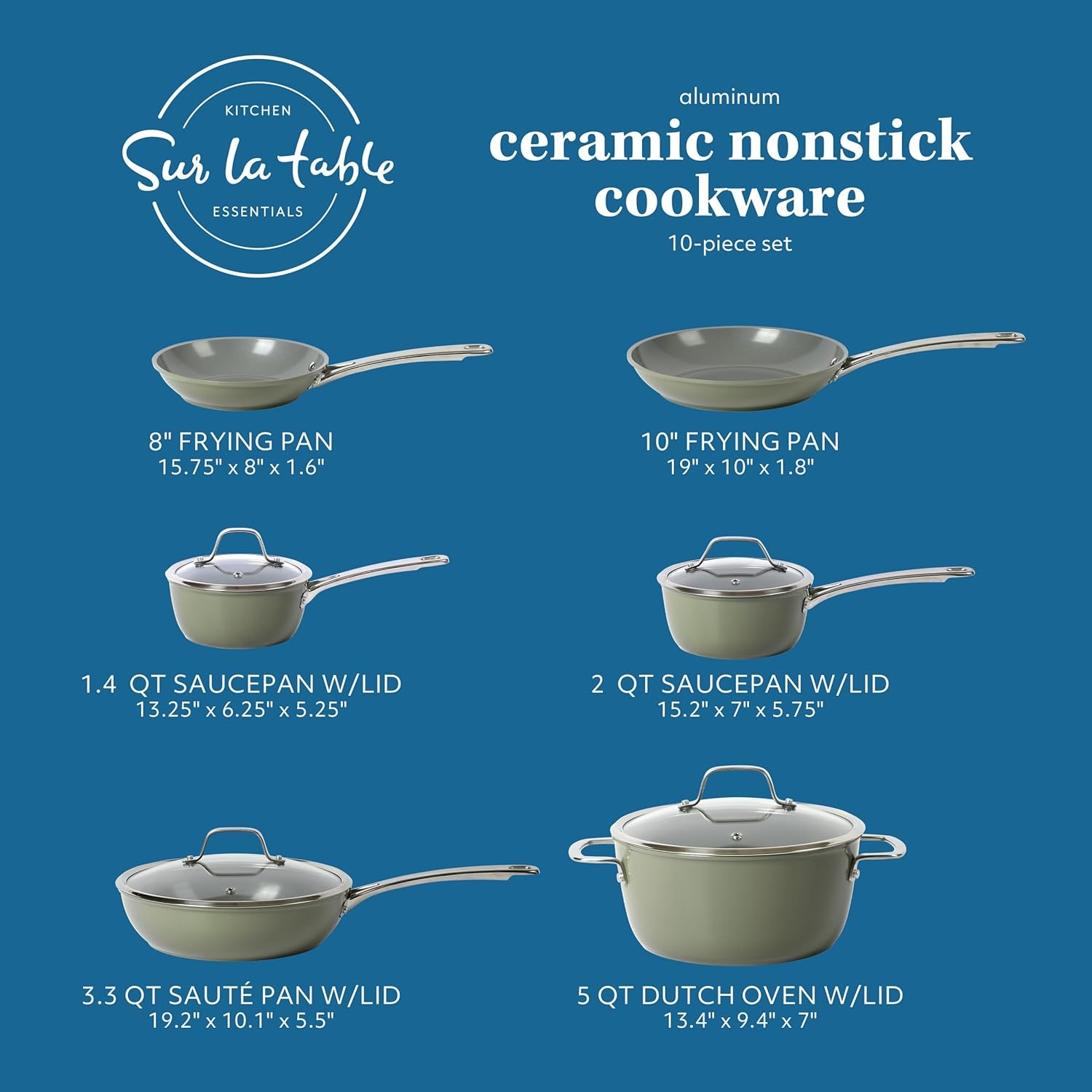 image:imageSur La Table Kitchen Essentials 10 Piece PFA Free NonToxic Titanium Ceramic Nonstick Interior Forged Aluminum Cookware Pots and Pans Set Green Induction CompatibleGreen