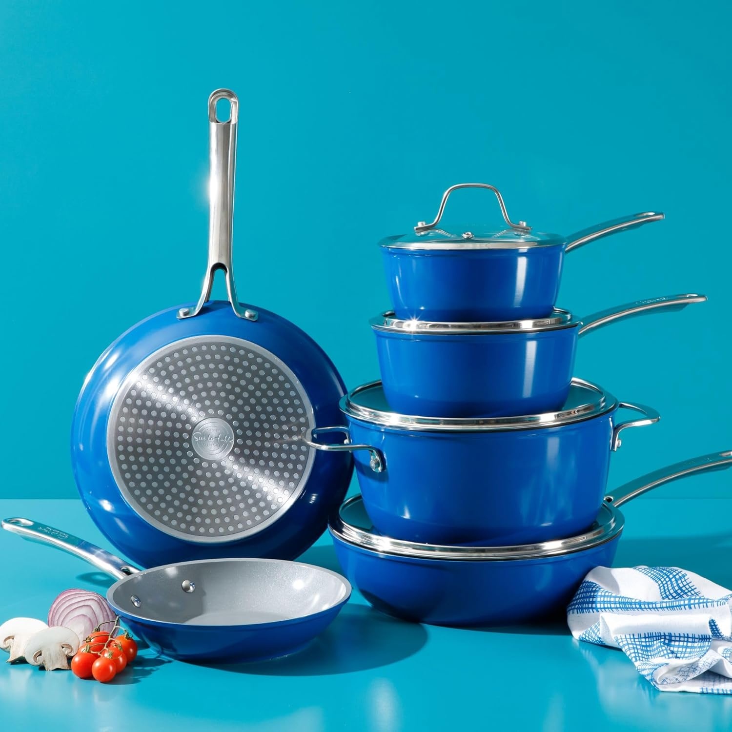 image:imageSur La Table Kitchen Essentials 10 Piece PFA Free NonToxic Titanium Ceramic Nonstick Interior Forged Aluminum Cookware Pots and Pans Set Green Induction CompatibleBlue