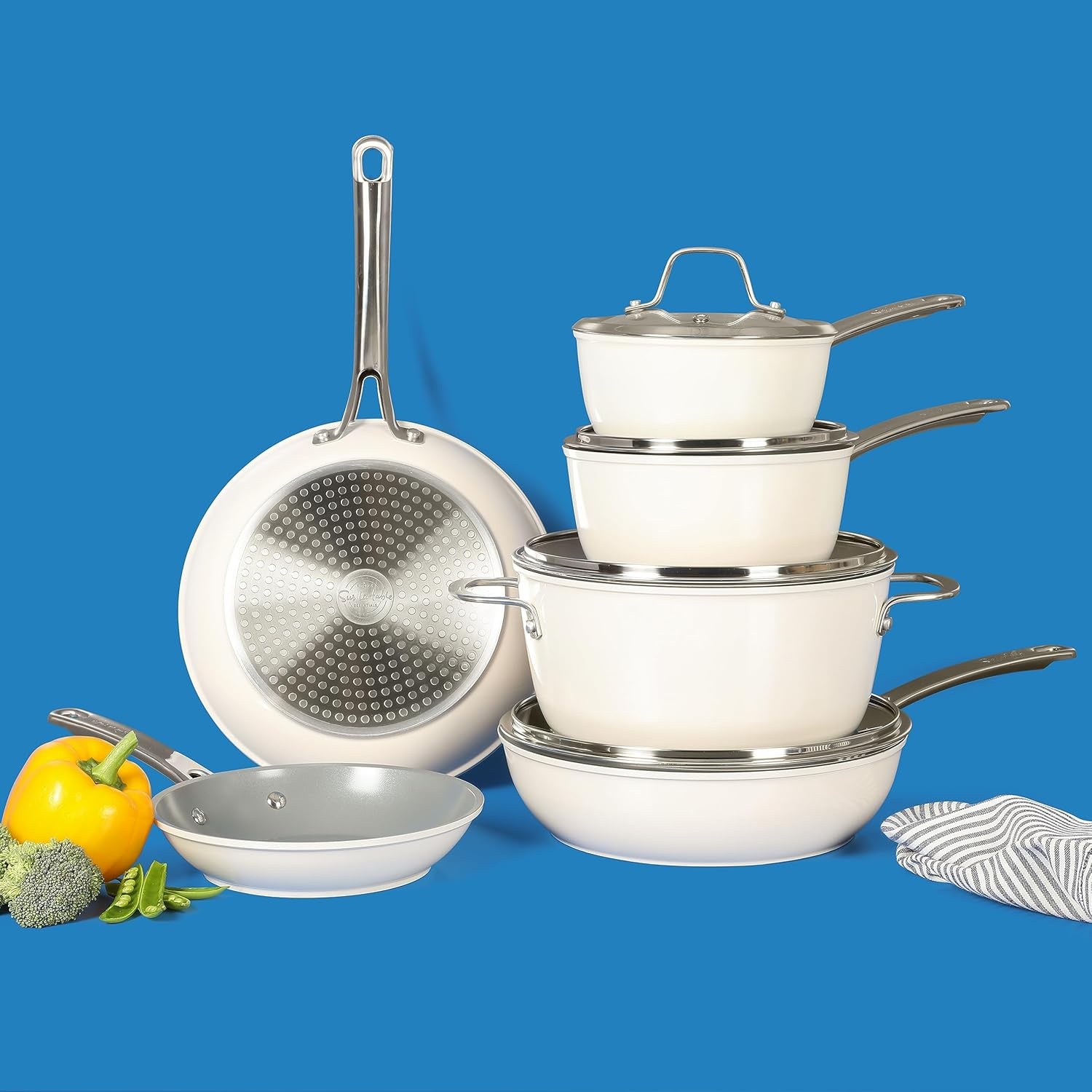 image:imageSur La Table Kitchen Essentials 10 Piece PFA Free NonToxic Titanium Ceramic Nonstick Interior Forged Aluminum Cookware Pots and Pans Set Green Induction CompatibleLinen White