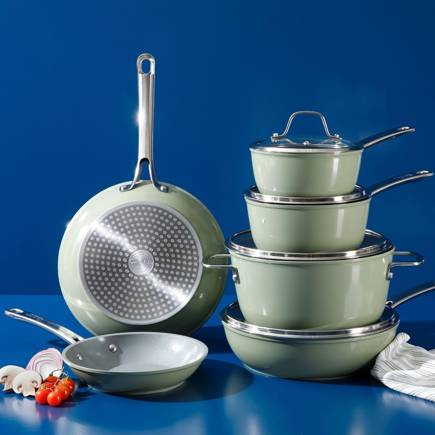 image:imageSur La Table Kitchen Essentials 10 Piece PFA Free NonToxic Titanium Ceramic Nonstick Interior Forged Aluminum Cookware Pots and Pans Set Green Induction CompatibleGreen