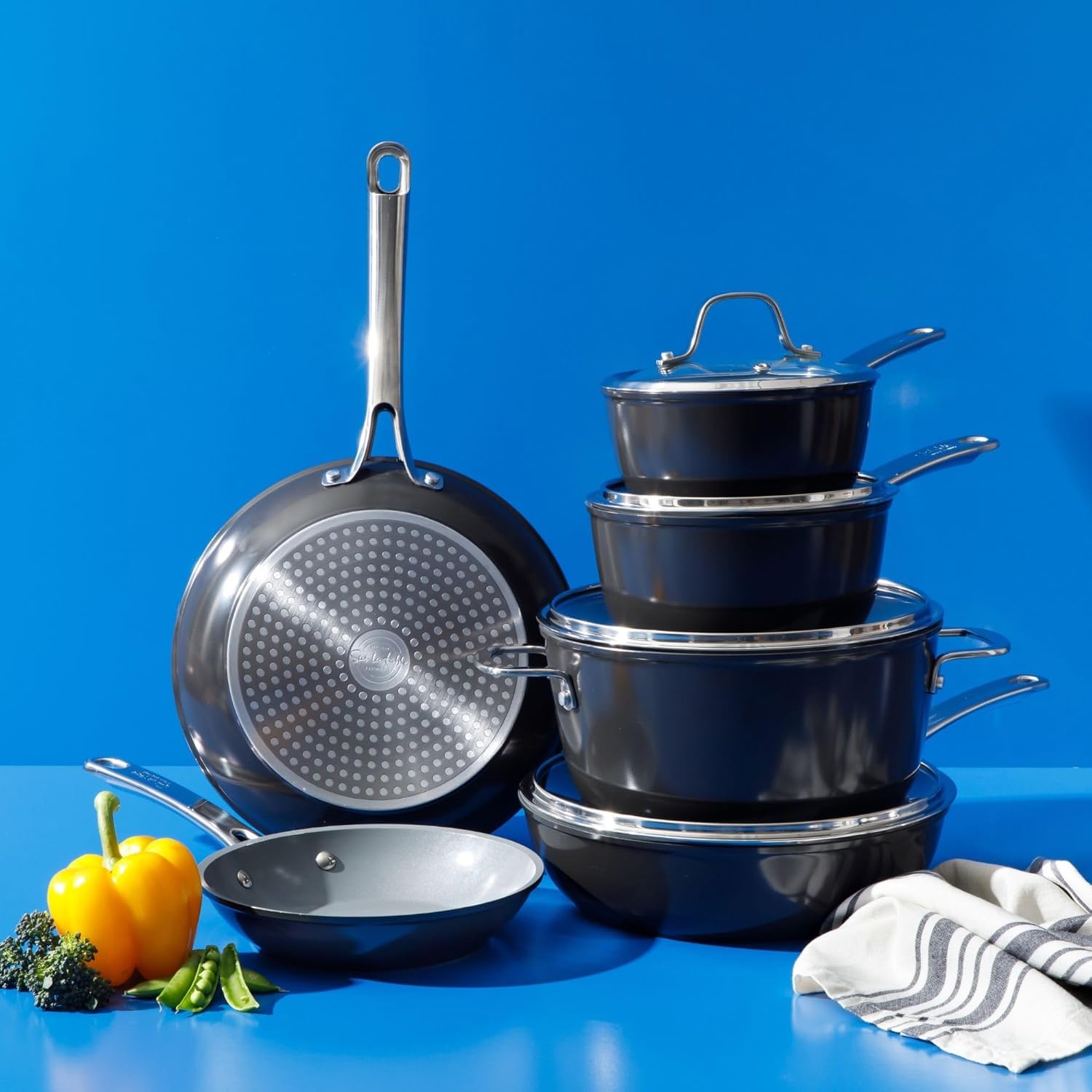 image:imageSur La Table Kitchen Essentials 10 Piece PFA Free NonToxic Titanium Ceramic Nonstick Interior Forged Aluminum Cookware Pots and Pans Set Green Induction CompatibleBlack