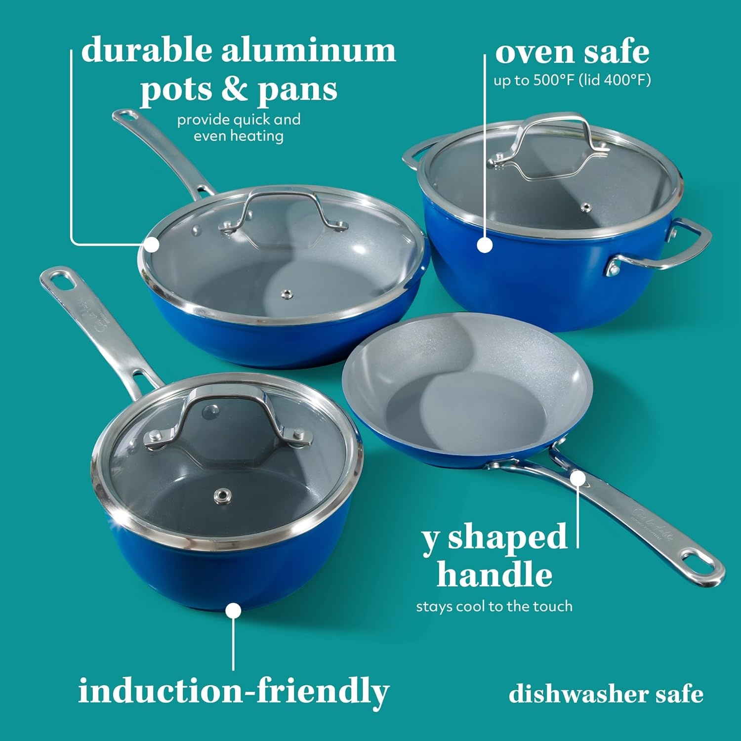 image:imageSur La Table Kitchen Essentials 10 Piece PFA Free NonToxic Titanium Ceramic Nonstick Interior Forged Aluminum Cookware Pots and Pans Set Green Induction CompatibleBlue