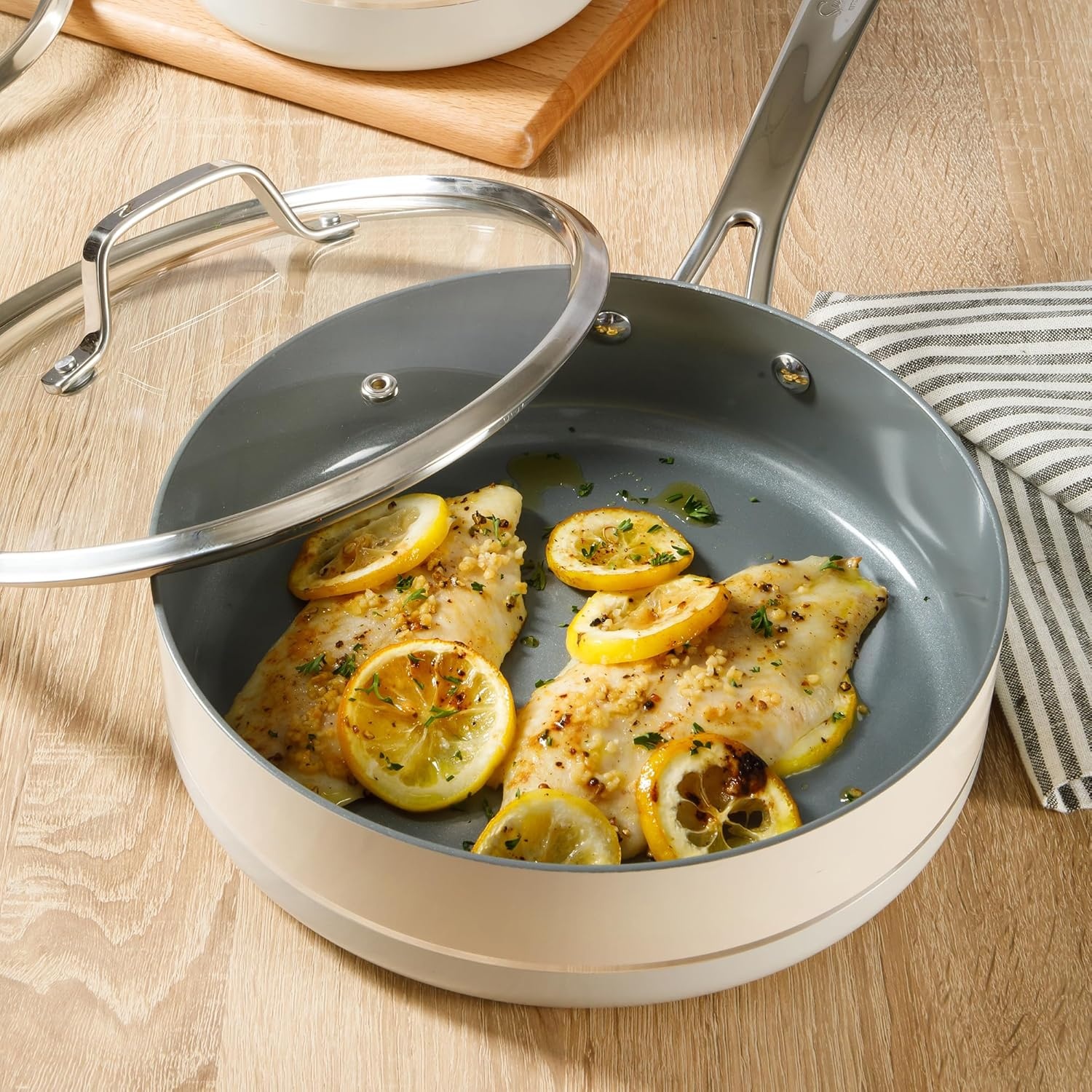 image:imageSur La Table Kitchen Essentials 10 Piece PFA Free NonToxic Titanium Ceramic Nonstick Interior Forged Aluminum Cookware Pots and Pans Set Green Induction CompatibleTwoTone White Silver