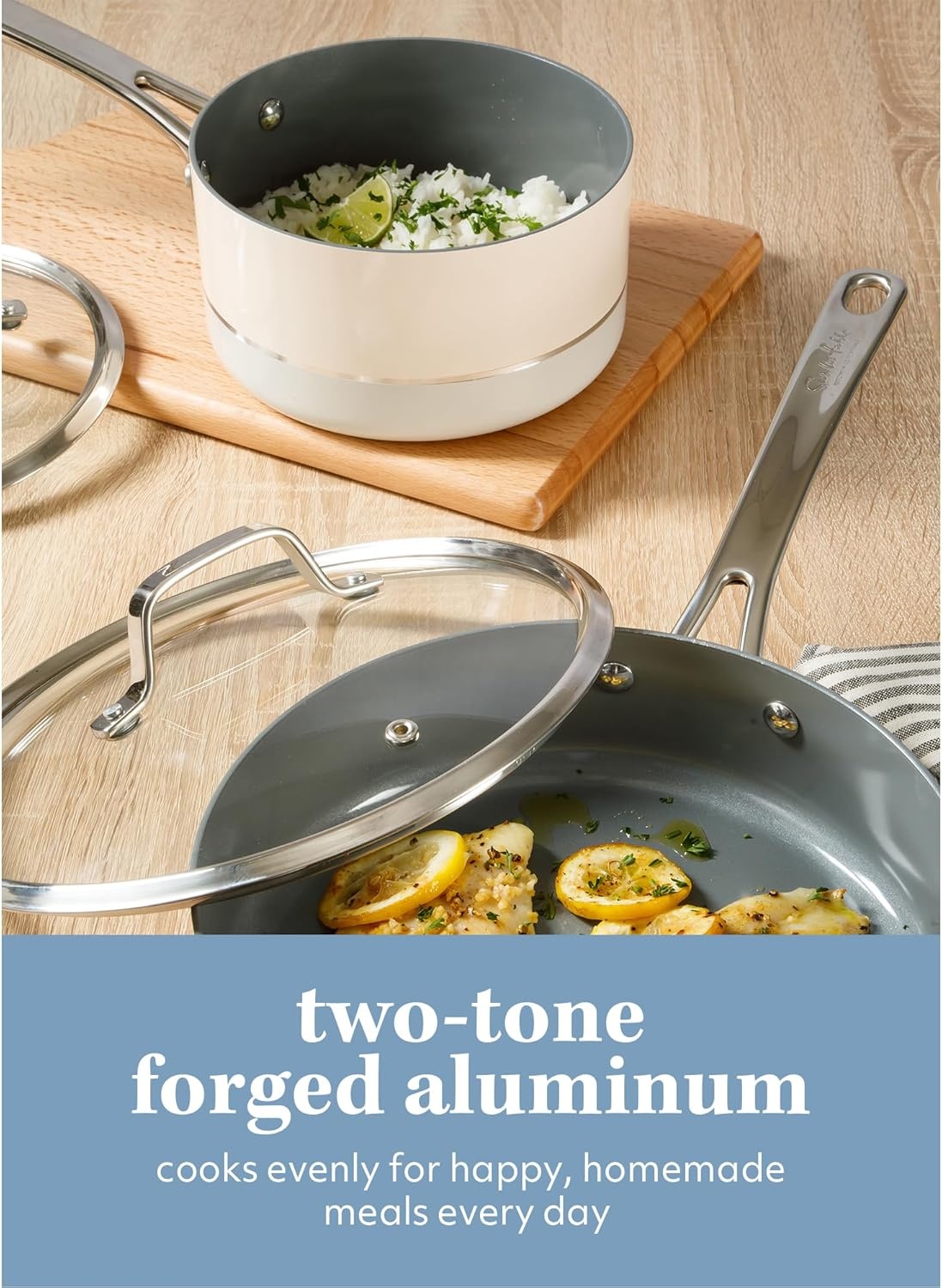 image:imageSur La Table Kitchen Essentials 10 Piece PFA Free NonToxic Titanium Ceramic Nonstick Interior Forged Aluminum Cookware Pots and Pans Set Green Induction CompatibleTwoTone White Silver