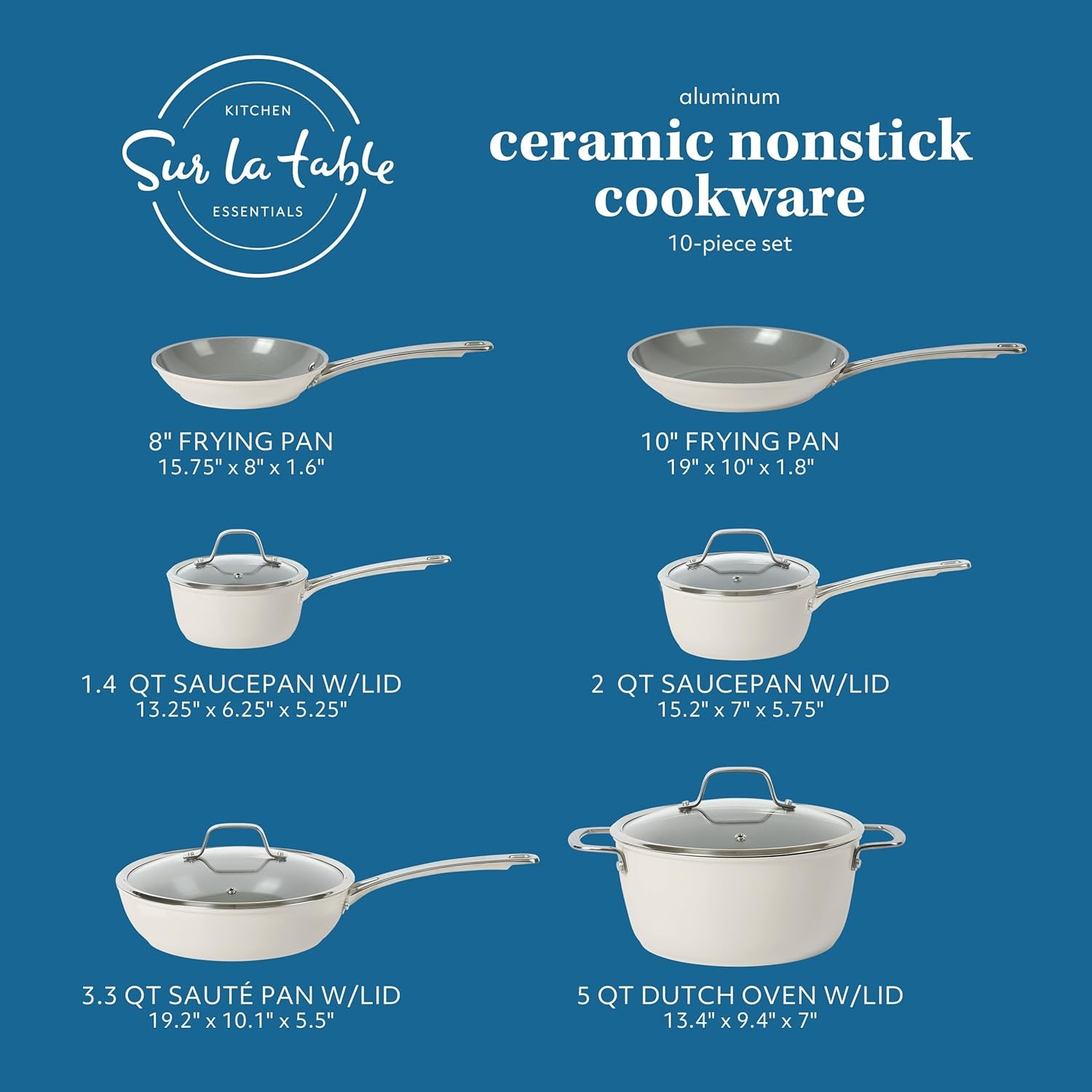 image:imageSur La Table Kitchen Essentials 10 Piece PFA Free NonToxic Titanium Ceramic Nonstick Interior Forged Aluminum Cookware Pots and Pans Set Green Induction CompatibleLinen White