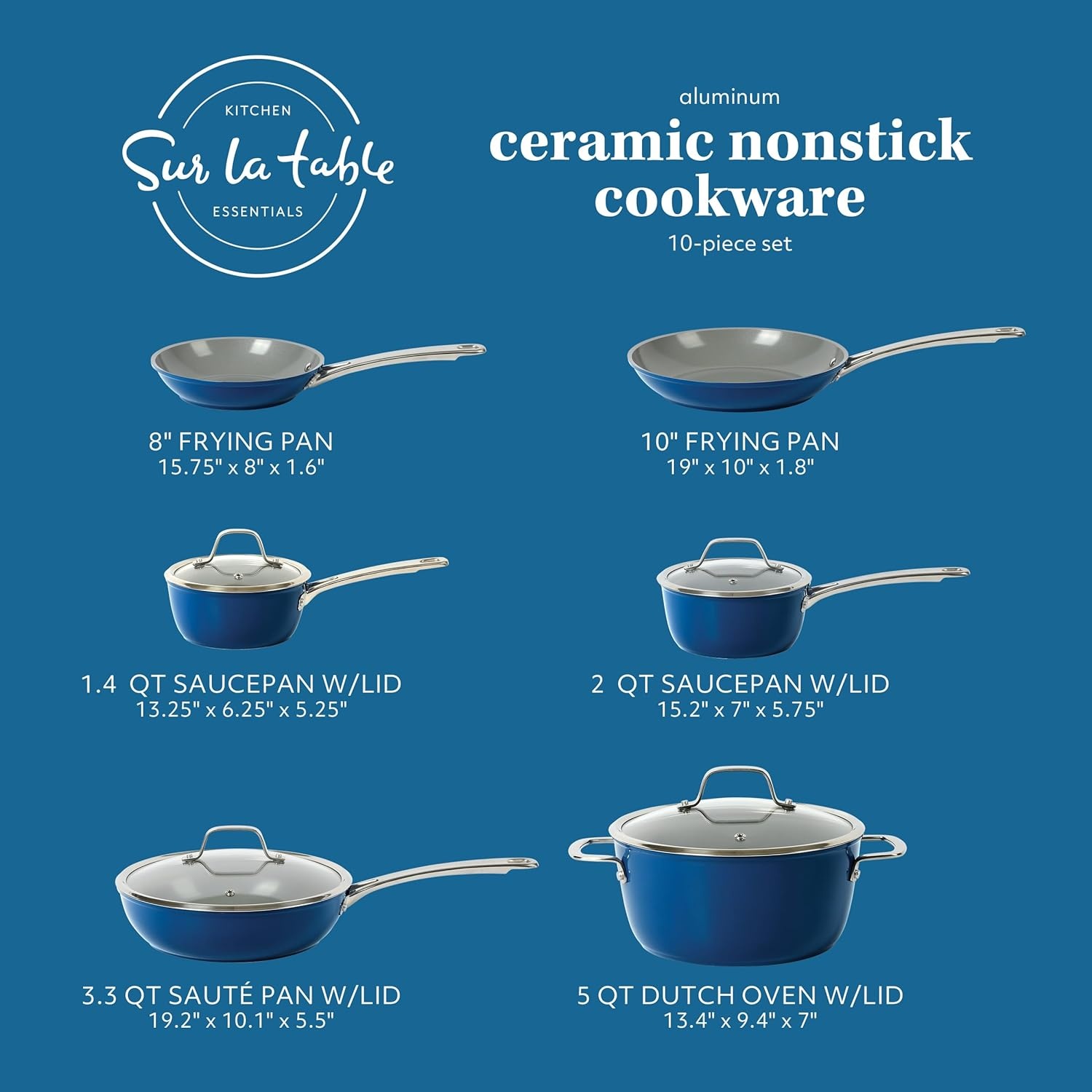 image:imageSur La Table Kitchen Essentials 10 Piece PFA Free NonToxic Titanium Ceramic Nonstick Interior Forged Aluminum Cookware Pots and Pans Set Green Induction CompatibleBlue