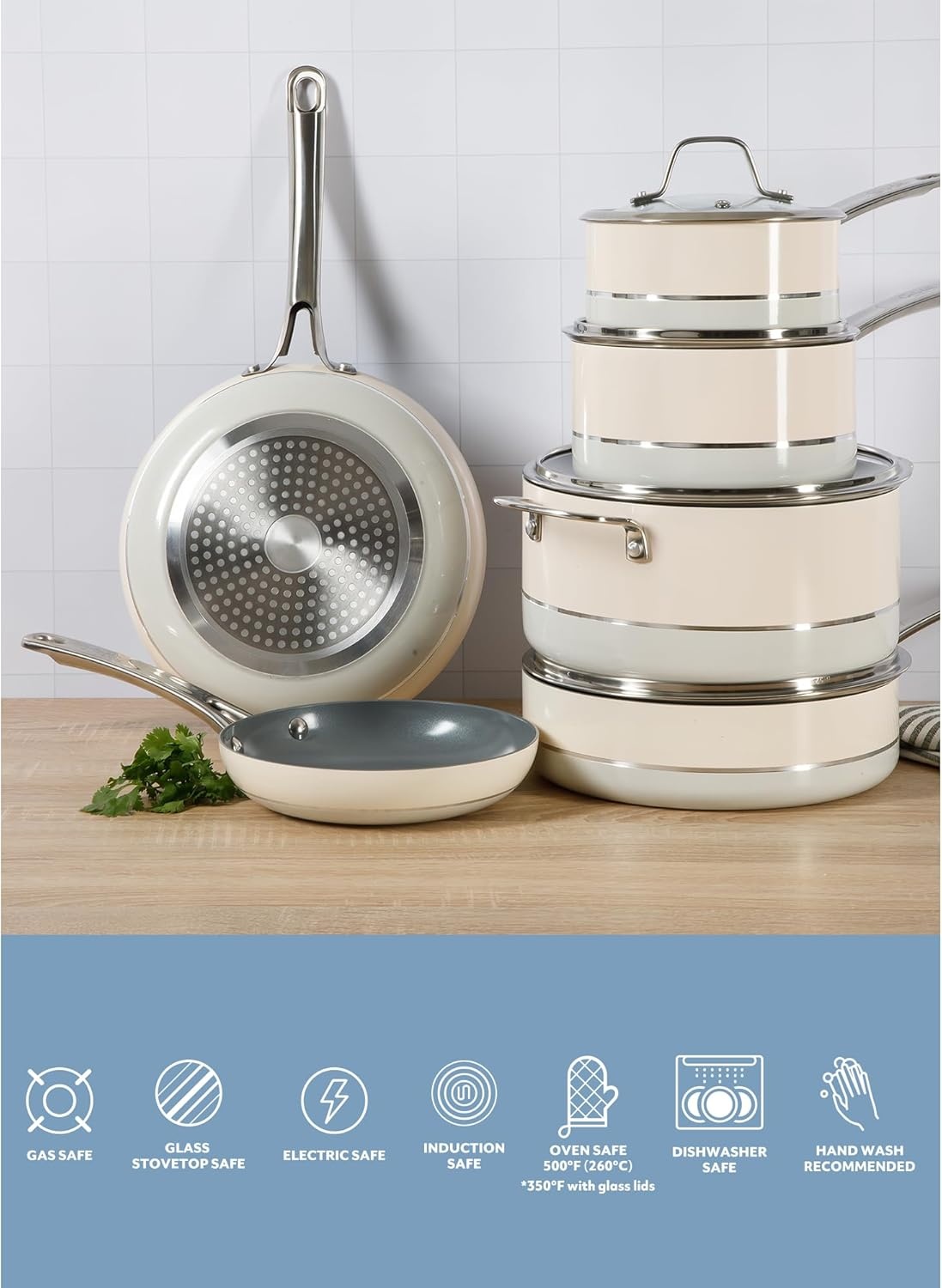 image:imageSur La Table Kitchen Essentials 10 Piece PFA Free NonToxic Titanium Ceramic Nonstick Interior Forged Aluminum Cookware Pots and Pans Set Green Induction CompatibleTwoTone White Silver