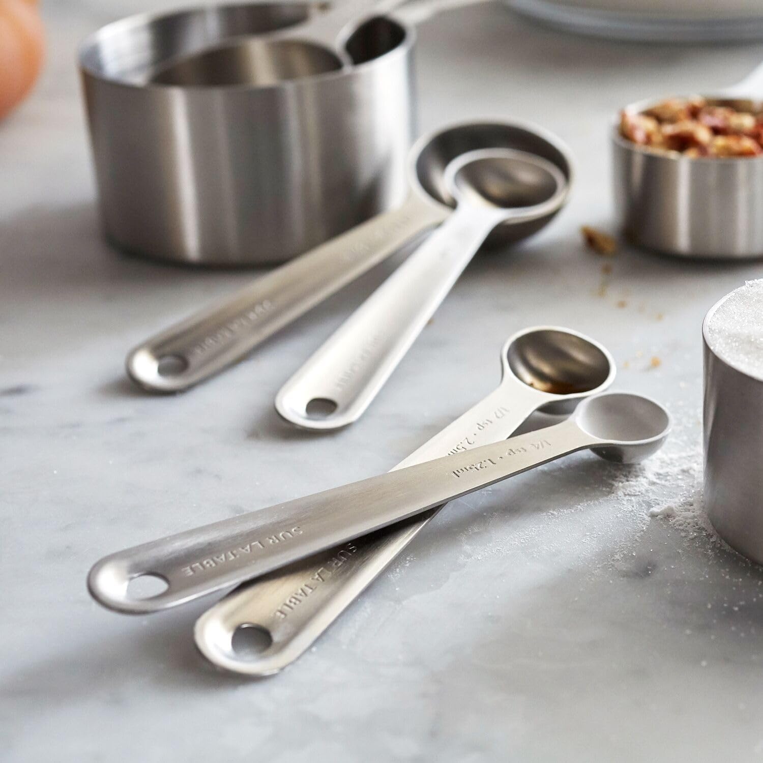 image:imageSur La Table Stainless Steel Measuring Cups amp Spoons Set 8Piece Kitchen Baking Tool Set with Nesting Design EasyOpen Ring SpaceSaving Storage Sizes from tsp to 1 cup