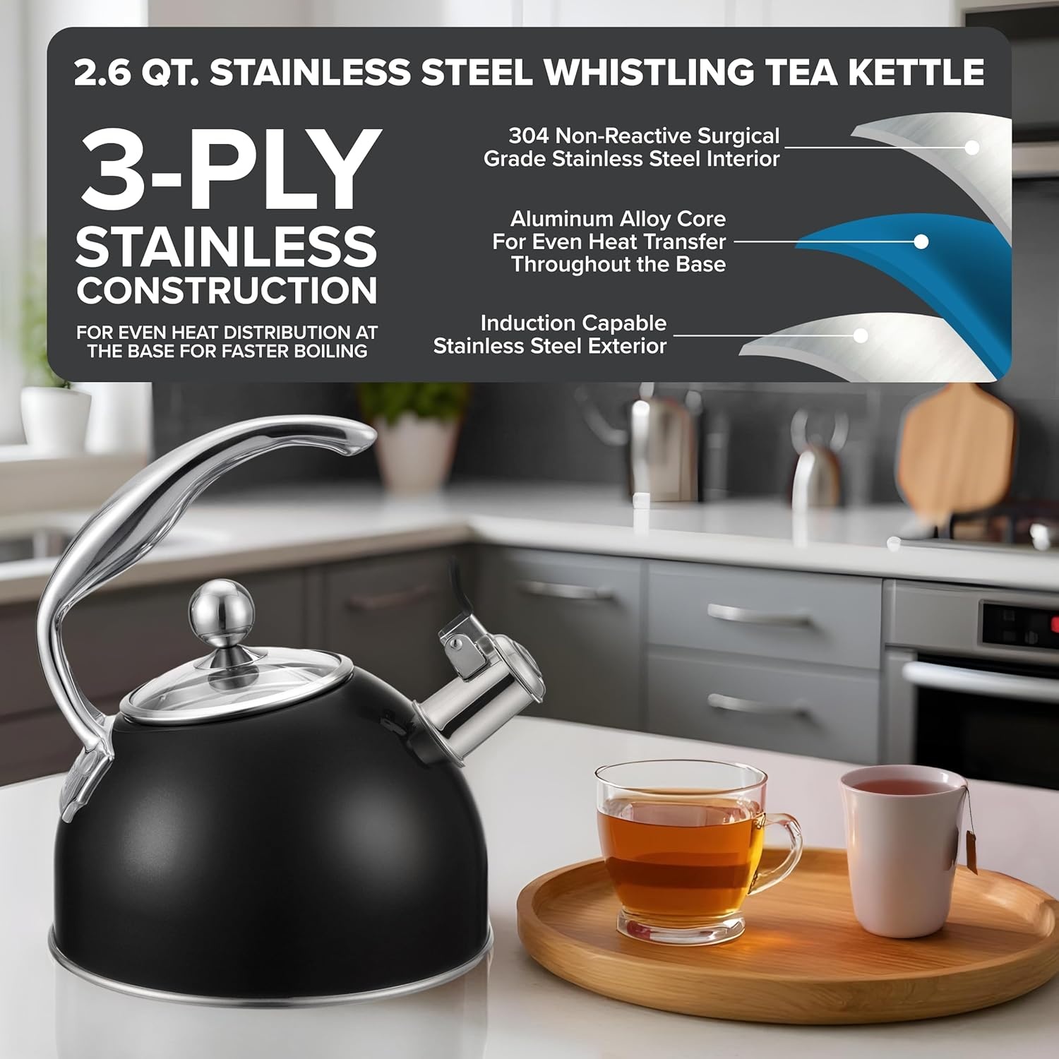 image:imageViking 3Ply Stainless Steel Tea Kettle 26 Quart Stovetop Hot Water Pot with Tempered Glass Lid Ergonomic Handle Induction Ready Slate and BlueMatte Black