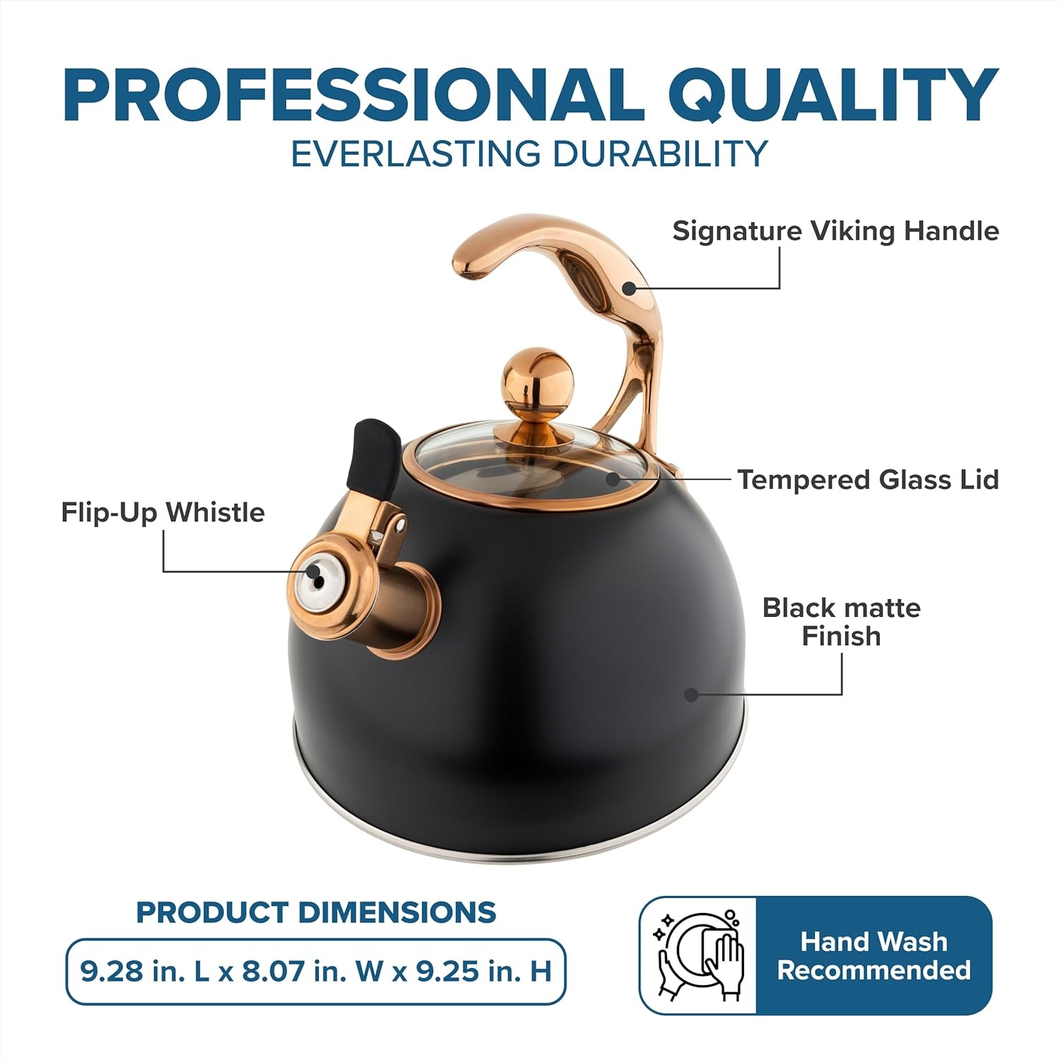 image:imageViking 3Ply Stainless Steel Tea Kettle 26 Quart Stovetop Hot Water Pot with Tempered Glass Lid Ergonomic Handle Induction Ready Slate and BlueMatte Black and Copper