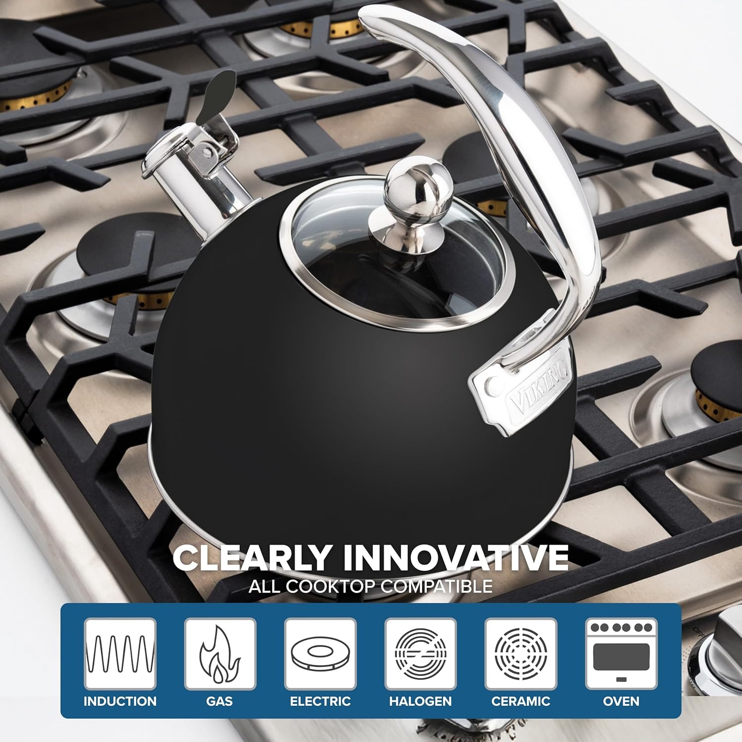 image:imageViking 3Ply Stainless Steel Tea Kettle 26 Quart Stovetop Hot Water Pot with Tempered Glass Lid Ergonomic Handle Induction Ready Slate and BlueMatte Black
