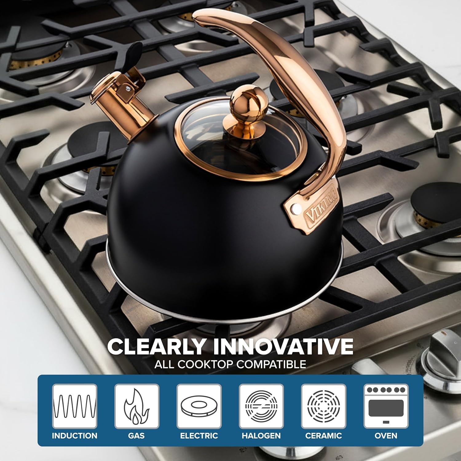 image:imageViking 3Ply Stainless Steel Tea Kettle 26 Quart Stovetop Hot Water Pot with Tempered Glass Lid Ergonomic Handle Induction Ready Slate and BlueMatte Black and Copper