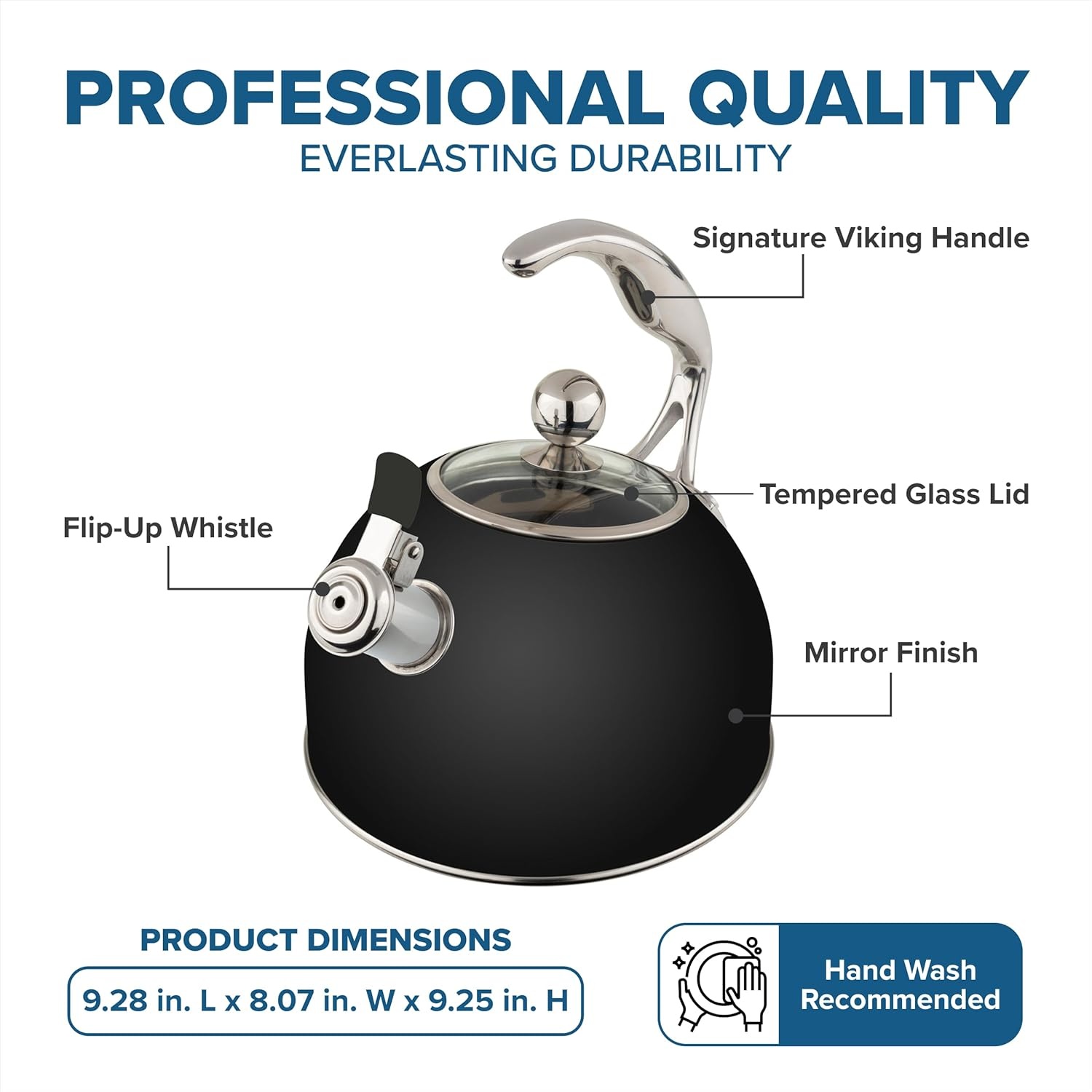 image:imageViking 3Ply Stainless Steel Tea Kettle 26 Quart Stovetop Hot Water Pot with Tempered Glass Lid Ergonomic Handle Induction Ready Slate and BlueMatte Black