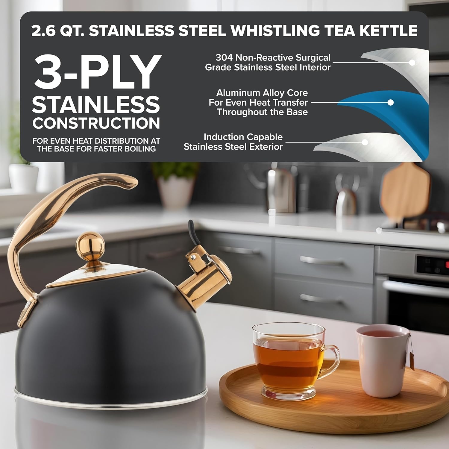image:imageViking 3Ply Stainless Steel Tea Kettle 26 Quart Stovetop Hot Water Pot with Tempered Glass Lid Ergonomic Handle Induction Ready Slate and BlueMatte Black and Copper