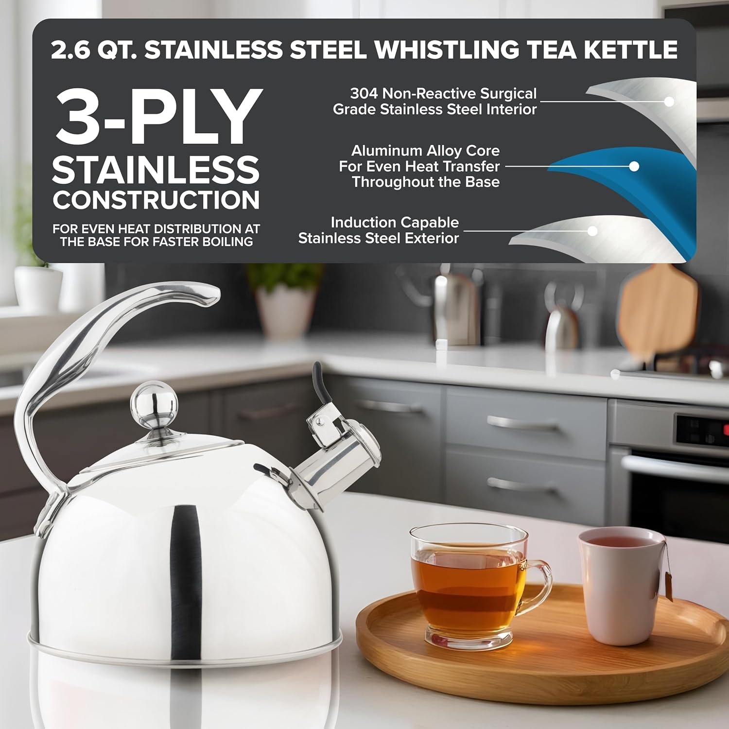 image:imageViking 3Ply Stainless Steel Tea Kettle 26 Quart Stovetop Hot Water Pot with Tempered Glass Lid Ergonomic Handle Induction Ready Slate and BlueMirror Finish