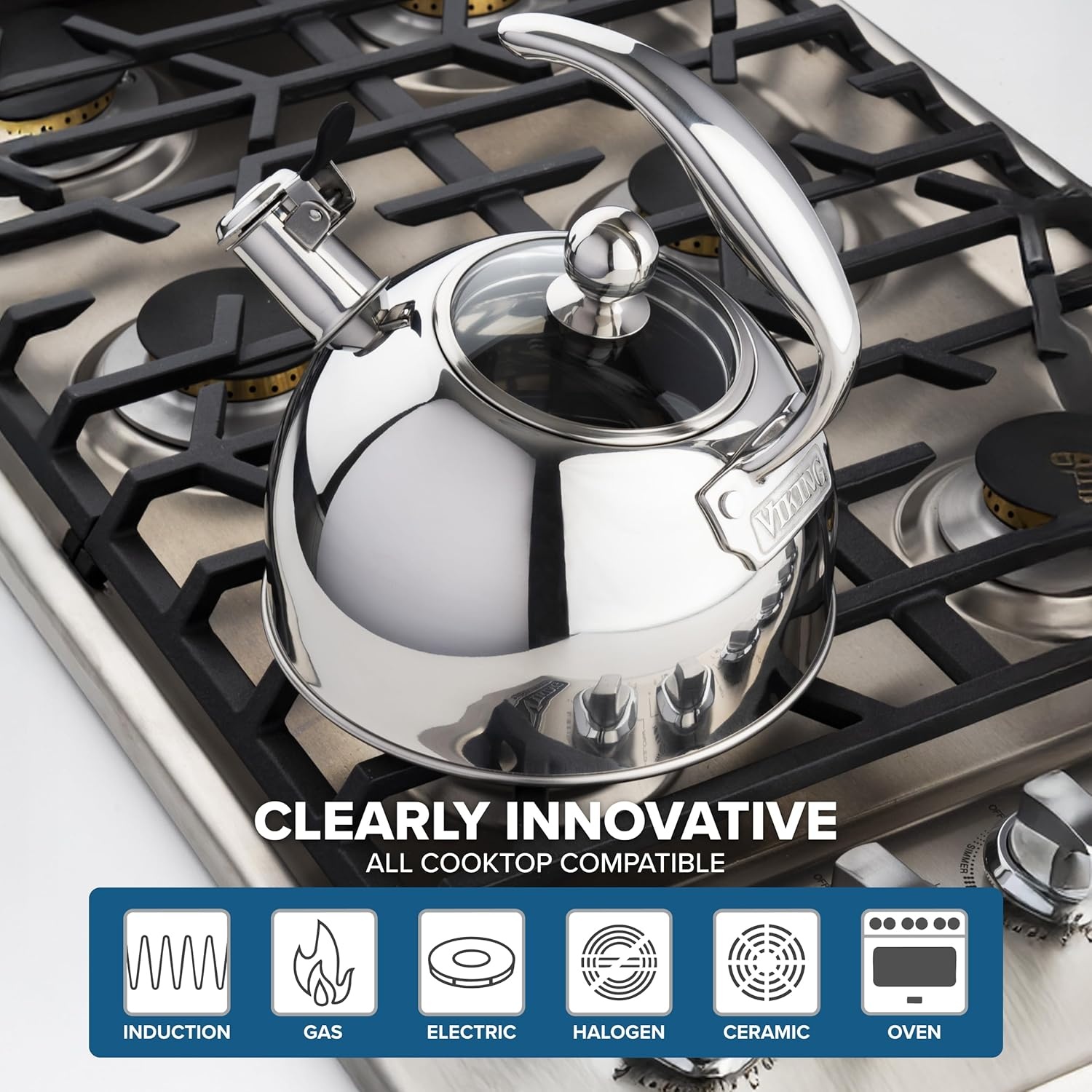 image:imageViking 3Ply Stainless Steel Tea Kettle 26 Quart Stovetop Hot Water Pot with Tempered Glass Lid Ergonomic Handle Induction Ready Slate and BlueMirror Finish
