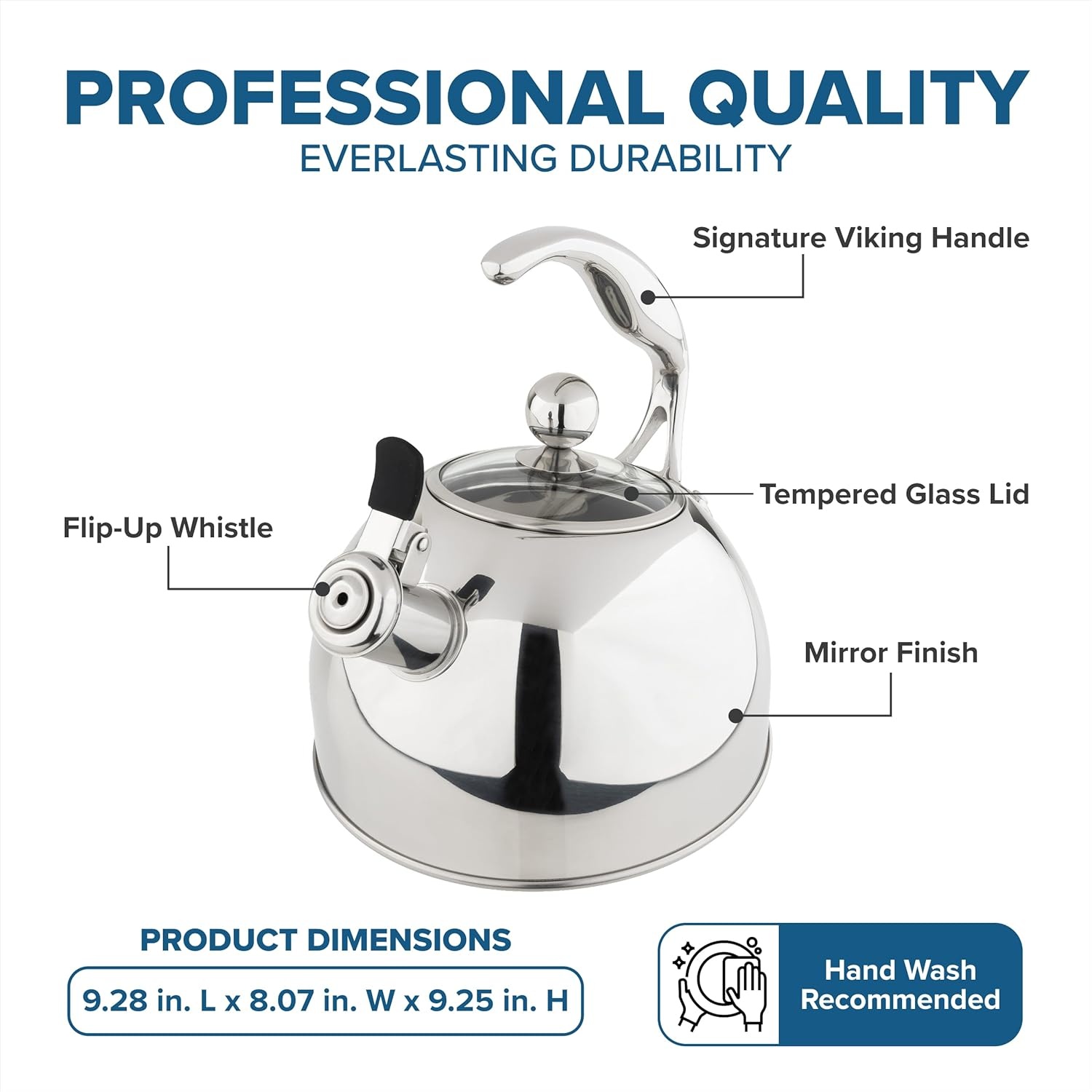 image:imageViking 3Ply Stainless Steel Tea Kettle 26 Quart Stovetop Hot Water Pot with Tempered Glass Lid Ergonomic Handle Induction Ready Slate and BlueMirror Finish