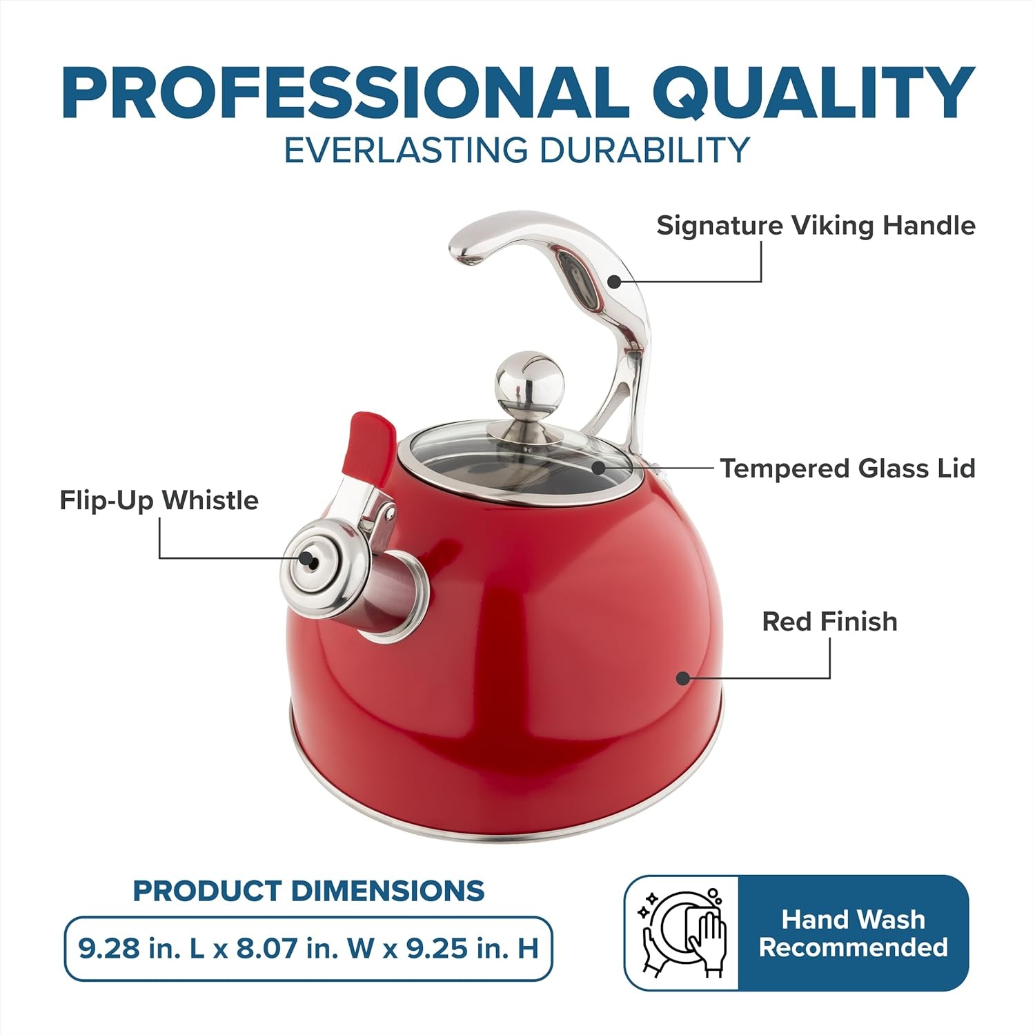 image:imageViking 3Ply Stainless Steel Tea Kettle 26 Quart Stovetop Hot Water Pot with Tempered Glass Lid Ergonomic Handle Induction Ready Slate and BlueRed