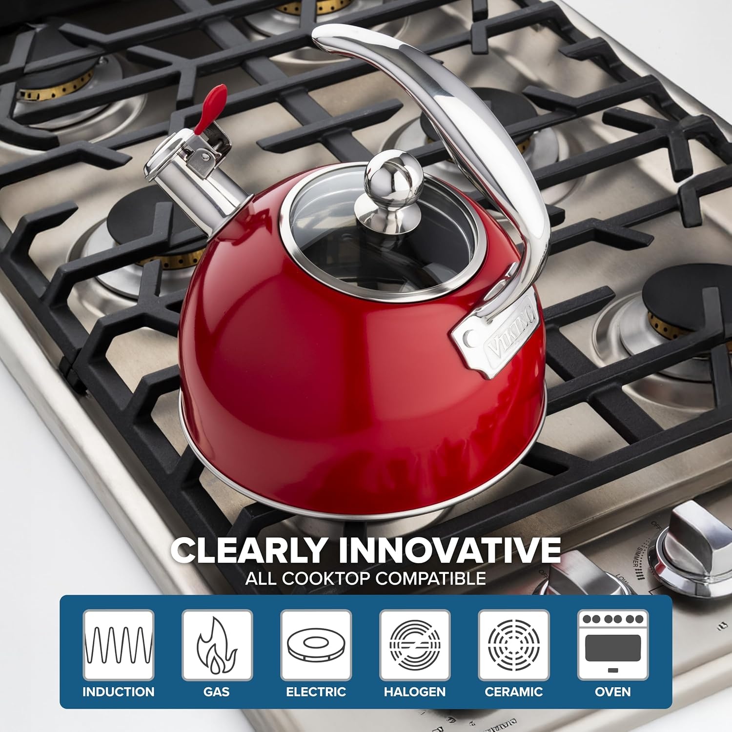image:imageViking 3Ply Stainless Steel Tea Kettle 26 Quart Stovetop Hot Water Pot with Tempered Glass Lid Ergonomic Handle Induction Ready Slate and BlueRed