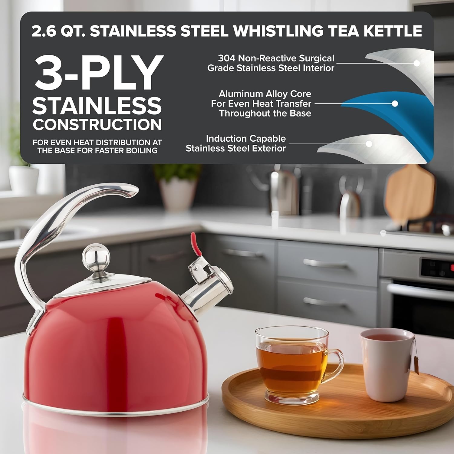 image:imageViking 3Ply Stainless Steel Tea Kettle 26 Quart Stovetop Hot Water Pot with Tempered Glass Lid Ergonomic Handle Induction Ready Slate and BlueRed