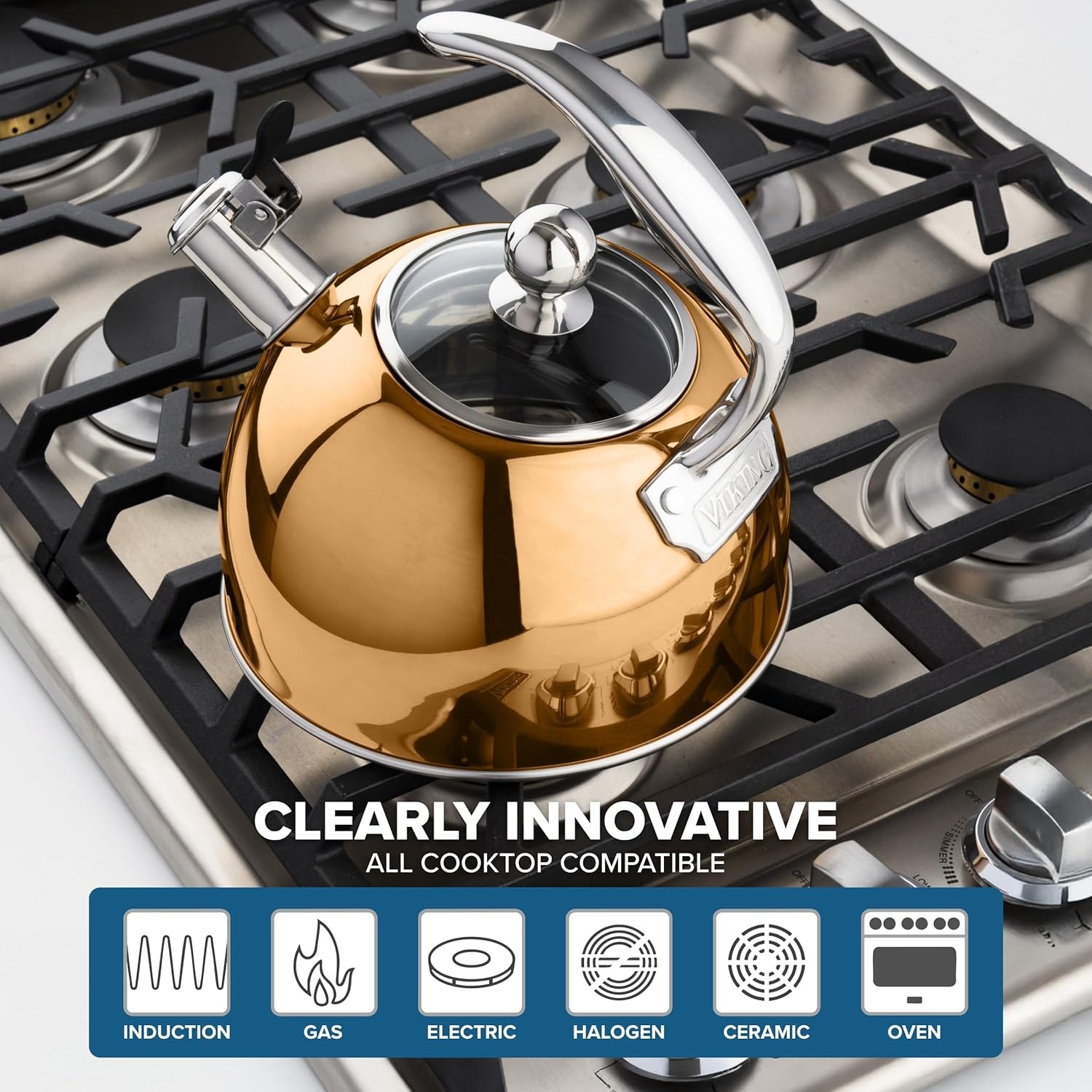 image:imageViking 3Ply Stainless Steel Tea Kettle 26 Quart Stovetop Hot Water Pot with Tempered Glass Lid Ergonomic Handle Induction Ready Slate and BlueRose Gold