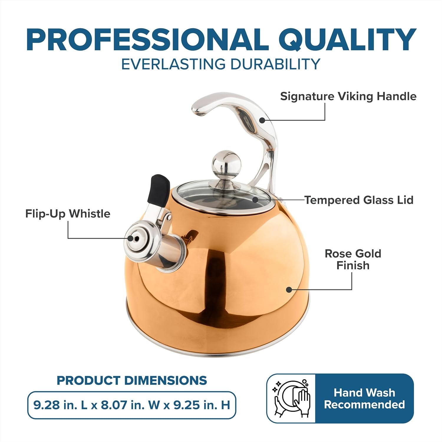 image:imageViking 3Ply Stainless Steel Tea Kettle 26 Quart Stovetop Hot Water Pot with Tempered Glass Lid Ergonomic Handle Induction Ready Slate and BlueRose Gold