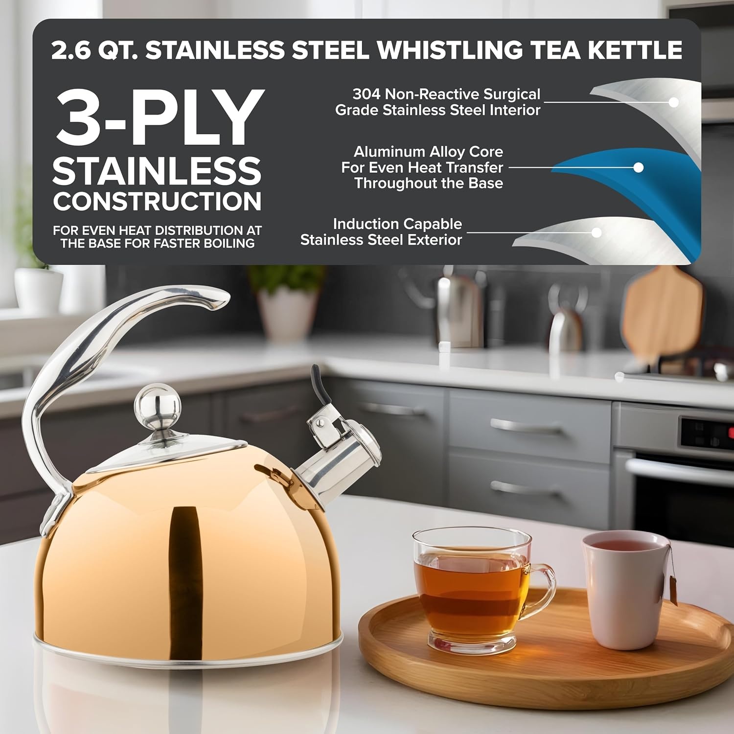 image:imageViking 3Ply Stainless Steel Tea Kettle 26 Quart Stovetop Hot Water Pot with Tempered Glass Lid Ergonomic Handle Induction Ready Slate and BlueRose Gold
