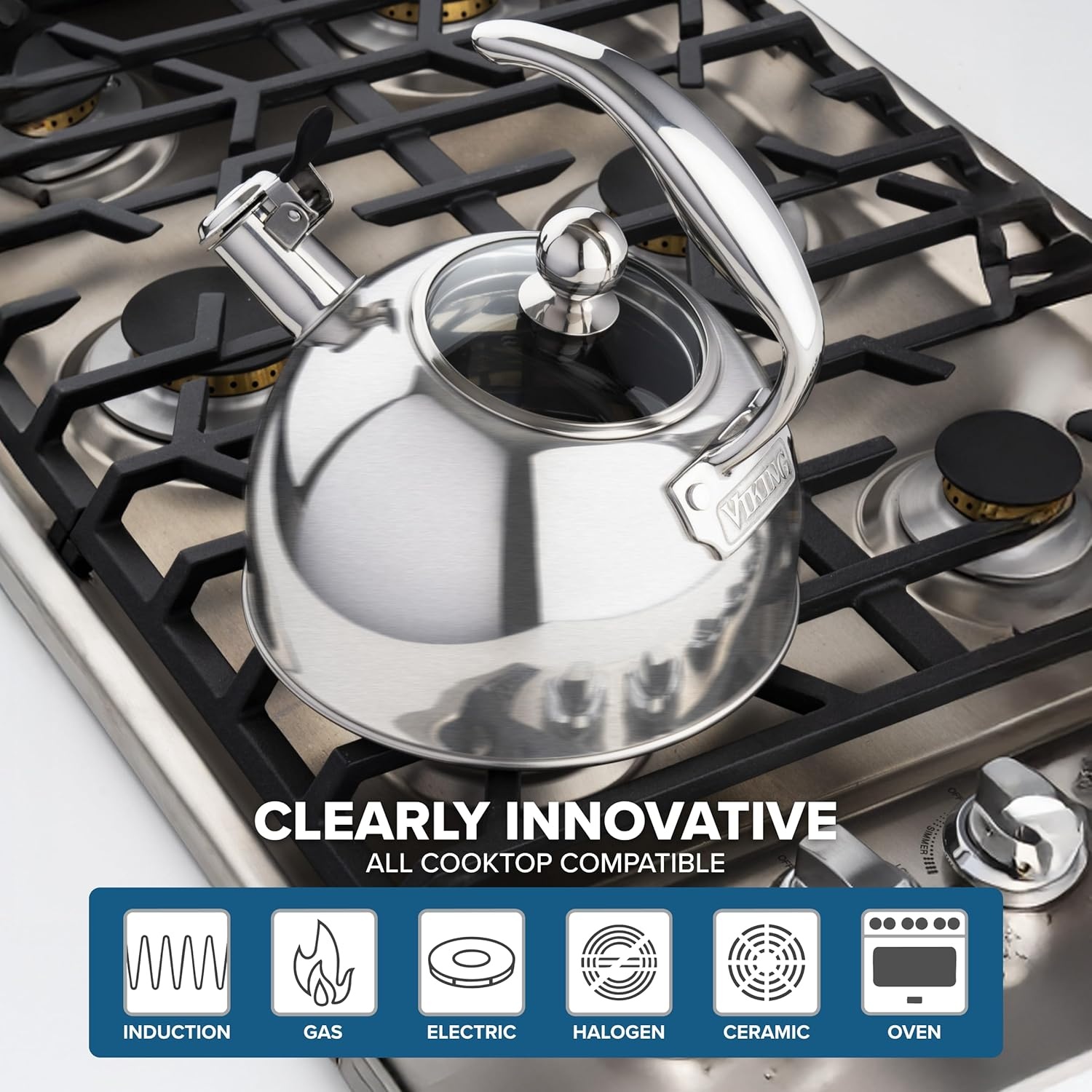 image:imageViking 3Ply Stainless Steel Tea Kettle 26 Quart Stovetop Hot Water Pot with Tempered Glass Lid Ergonomic Handle Induction Ready Slate and BlueSatin Silver