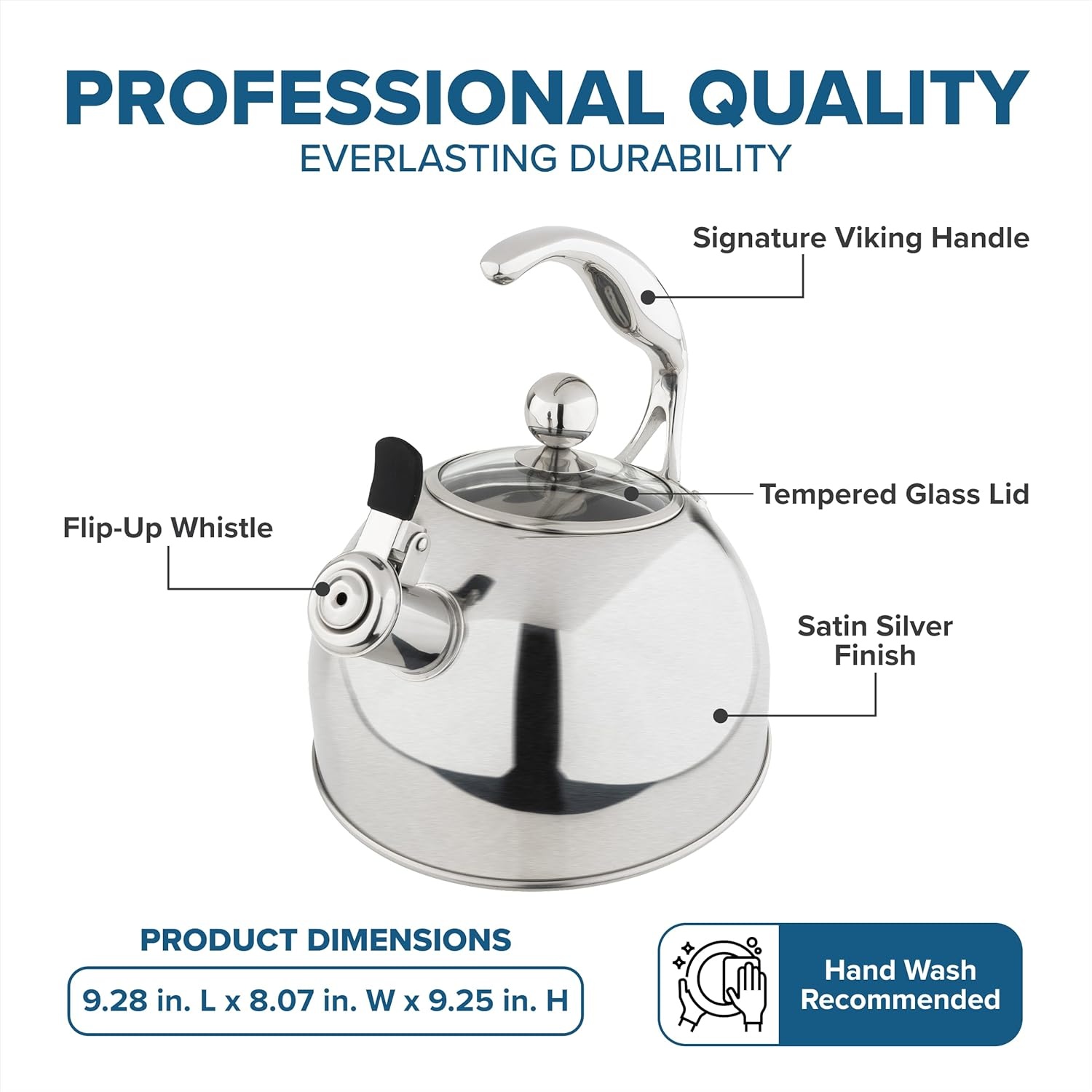 image:imageViking 3Ply Stainless Steel Tea Kettle 26 Quart Stovetop Hot Water Pot with Tempered Glass Lid Ergonomic Handle Induction Ready Slate and BlueSatin Silver