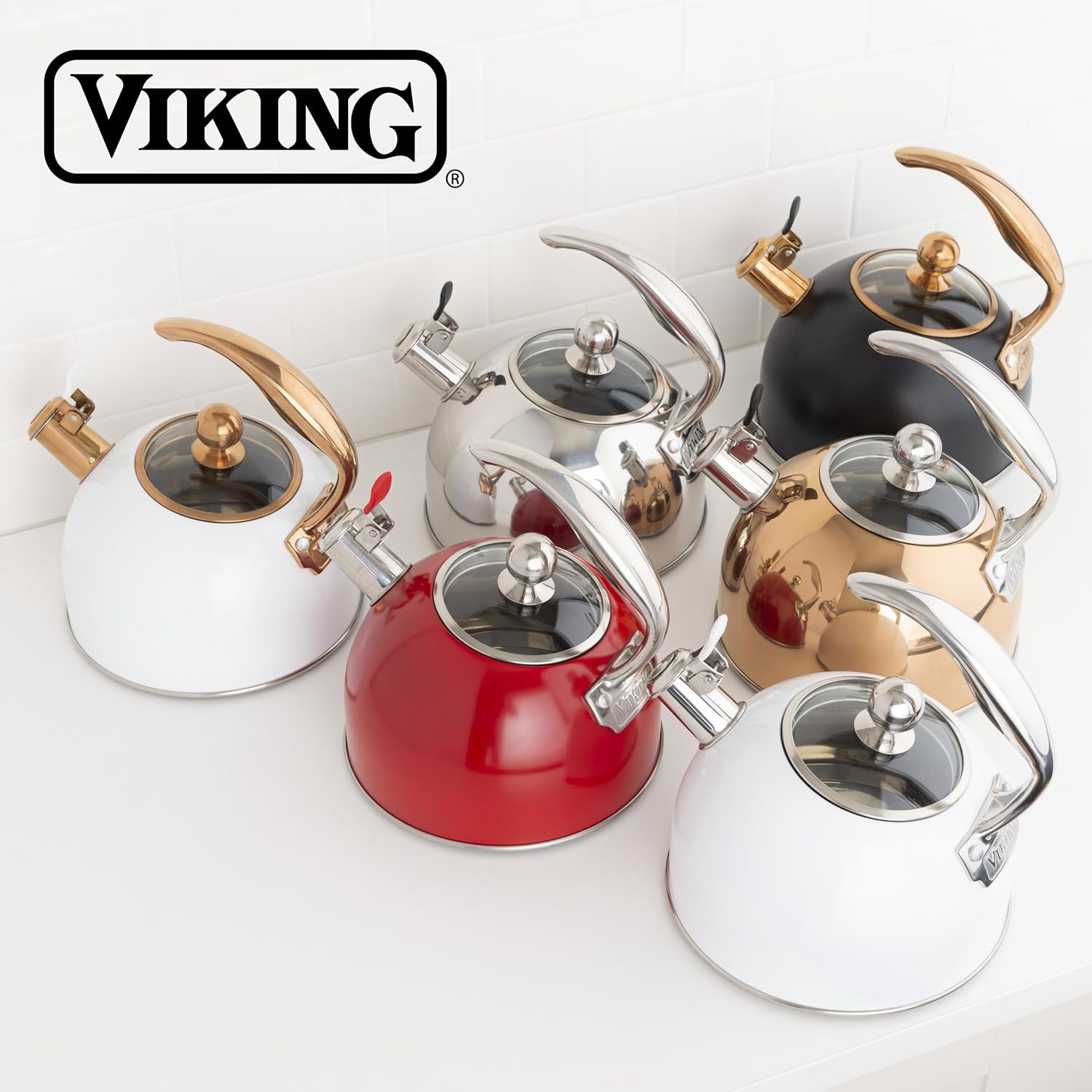 image:imageViking 3Ply Stainless Steel Tea Kettle 26 Quart Stovetop Hot Water Pot with Tempered Glass Lid Ergonomic Handle Induction Ready Slate and BlueSatin Silver