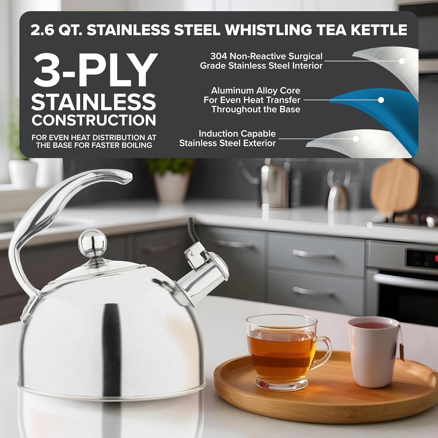 image:imageViking 3Ply Stainless Steel Tea Kettle 26 Quart Stovetop Hot Water Pot with Tempered Glass Lid Ergonomic Handle Induction Ready Slate and BlueSatin Silver