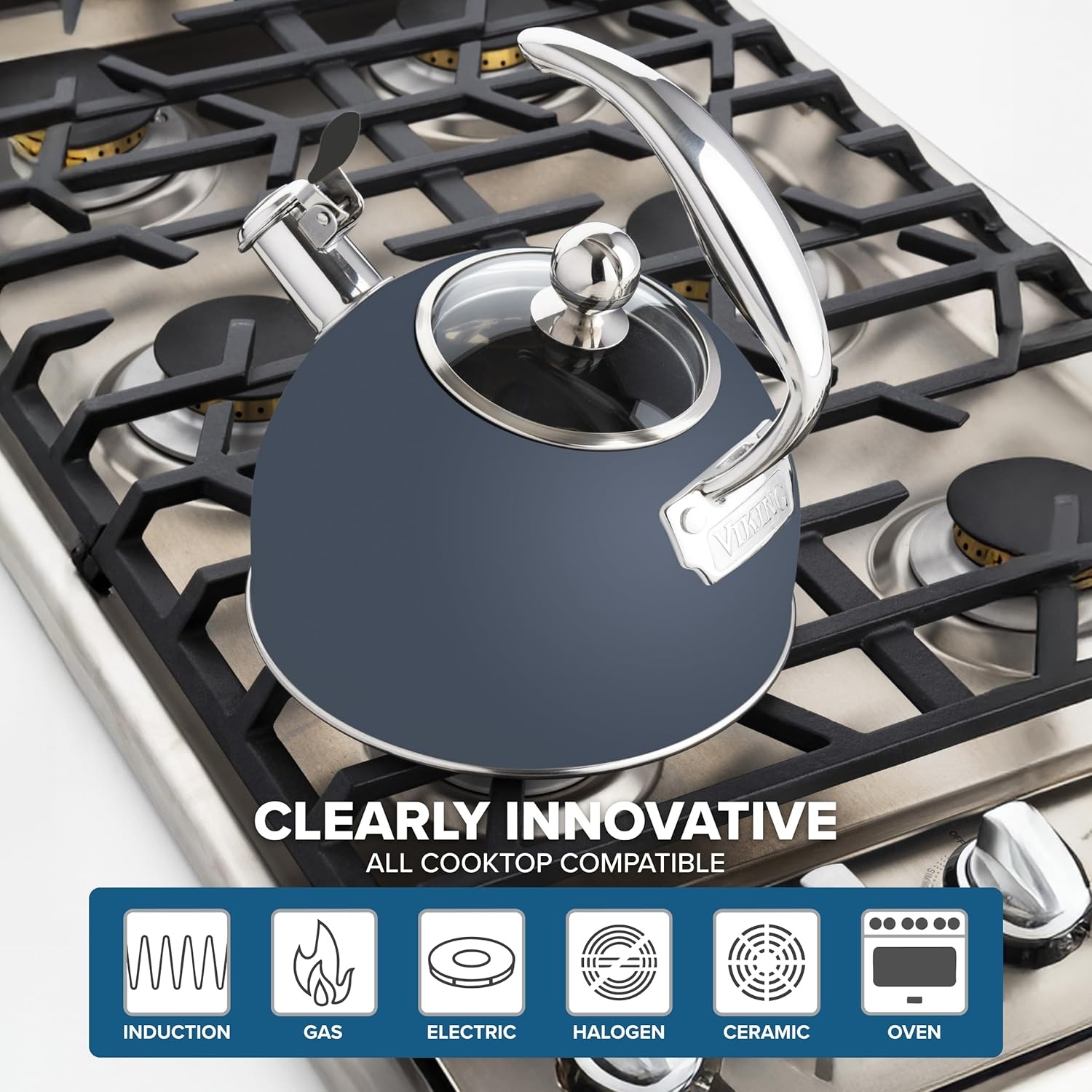 image:imageViking 3Ply Stainless Steel Tea Kettle 26 Quart Stovetop Hot Water Pot with Tempered Glass Lid Ergonomic Handle Induction Ready Slate and BlueSlate Blue