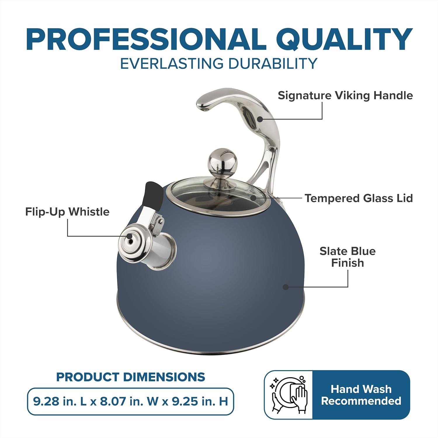 image:imageViking 3Ply Stainless Steel Tea Kettle 26 Quart Stovetop Hot Water Pot with Tempered Glass Lid Ergonomic Handle Induction Ready Slate and BlueSlate Blue