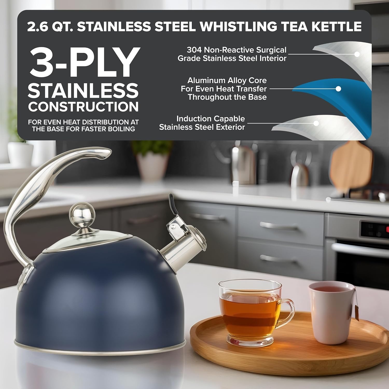 image:imageViking 3Ply Stainless Steel Tea Kettle 26 Quart Stovetop Hot Water Pot with Tempered Glass Lid Ergonomic Handle Induction Ready Slate and BlueSlate Blue