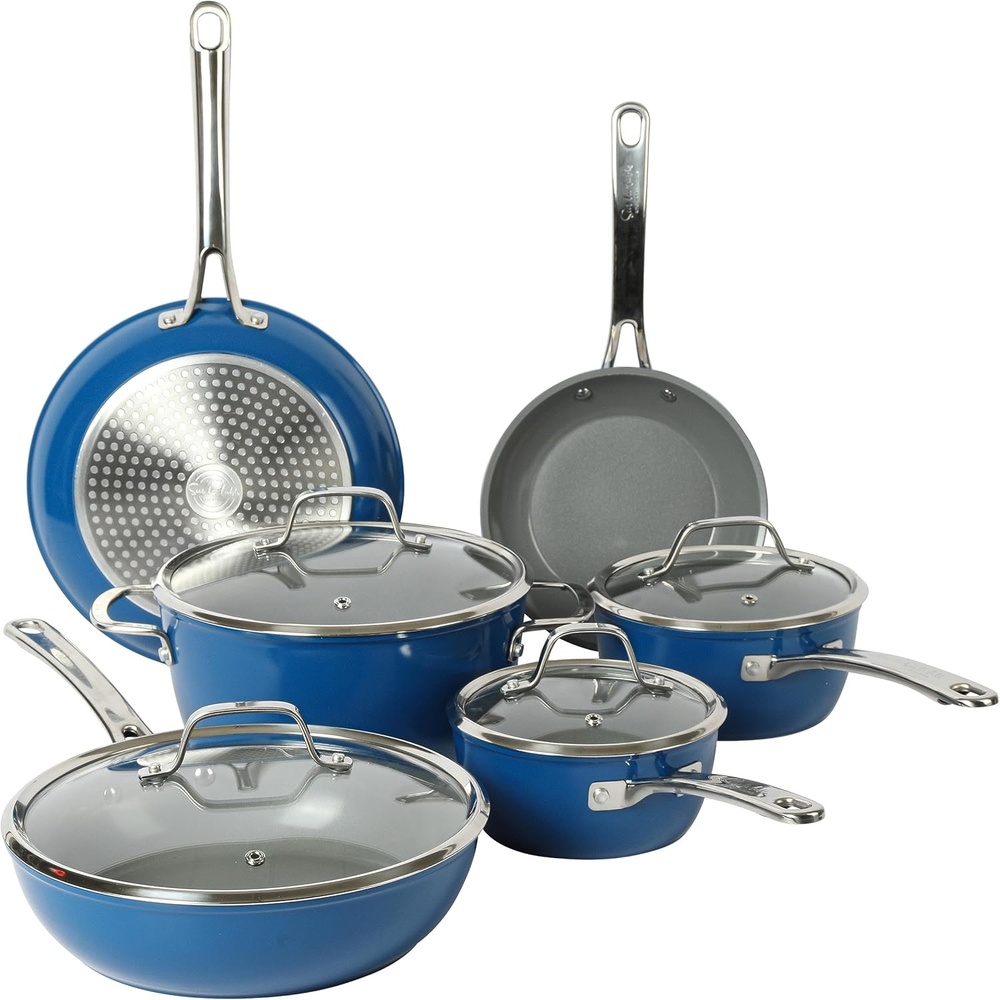 image:imageSur La Table Kitchen Essentials 10 Piece PFA Free NonToxic Titanium Ceramic Nonstick Interior Forged Aluminum Cookware Pots and Pans Set Green Induction CompatibleBlue