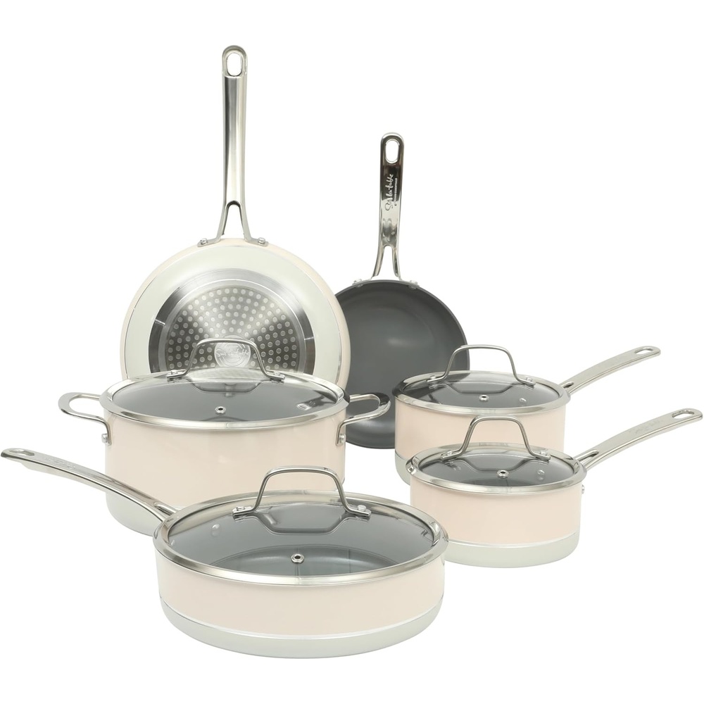 image:imageSur La Table Kitchen Essentials 10 Piece PFA Free NonToxic Titanium Ceramic Nonstick Interior Forged Aluminum Cookware Pots and Pans Set Green Induction CompatibleTwoTone White Silver