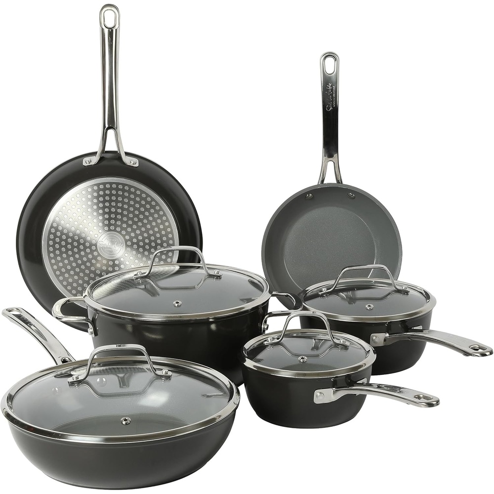 image:imageSur La Table Kitchen Essentials 10 Piece PFA Free NonToxic Titanium Ceramic Nonstick Interior Forged Aluminum Cookware Pots and Pans Set Green Induction CompatibleBlack