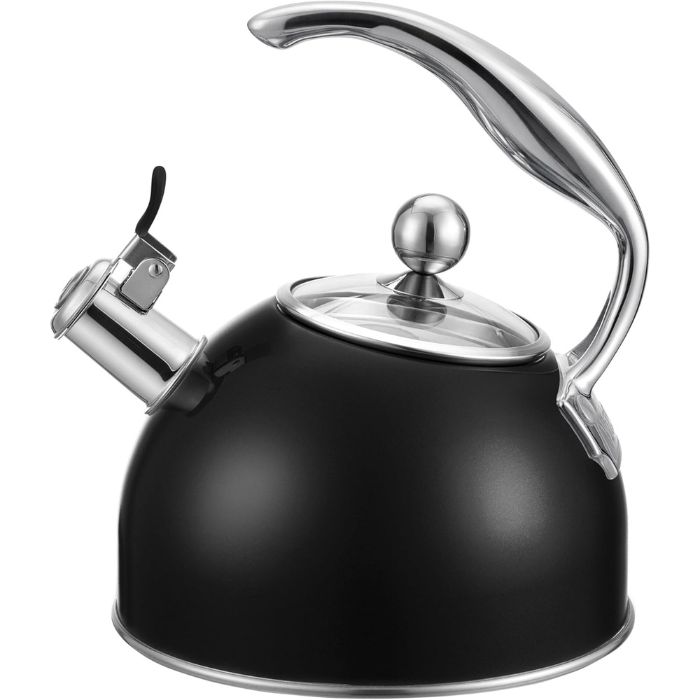 image:imageViking 3Ply Stainless Steel Tea Kettle 26 Quart Stovetop Hot Water Pot with Tempered Glass Lid Ergonomic Handle Induction Ready Slate and BlueMatte Black