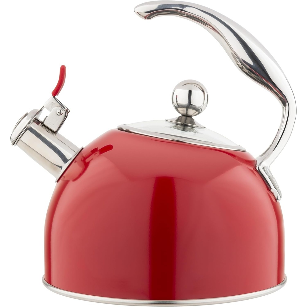 image:imageViking 3Ply Stainless Steel Tea Kettle 26 Quart Stovetop Hot Water Pot with Tempered Glass Lid Ergonomic Handle Induction Ready Slate and BlueRed